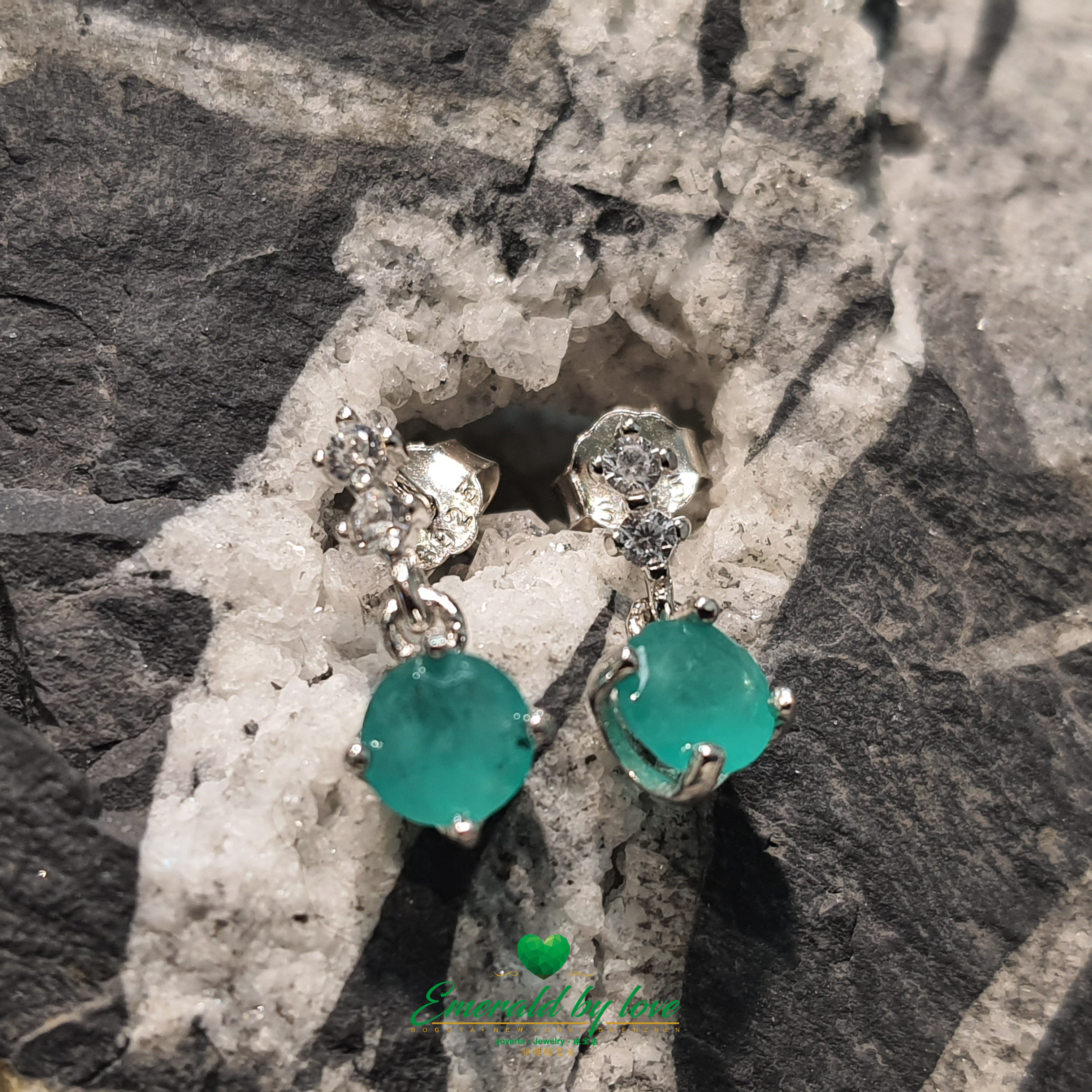 Silver Earrings with Dual Zircons and Central Round Colombian Emeralds