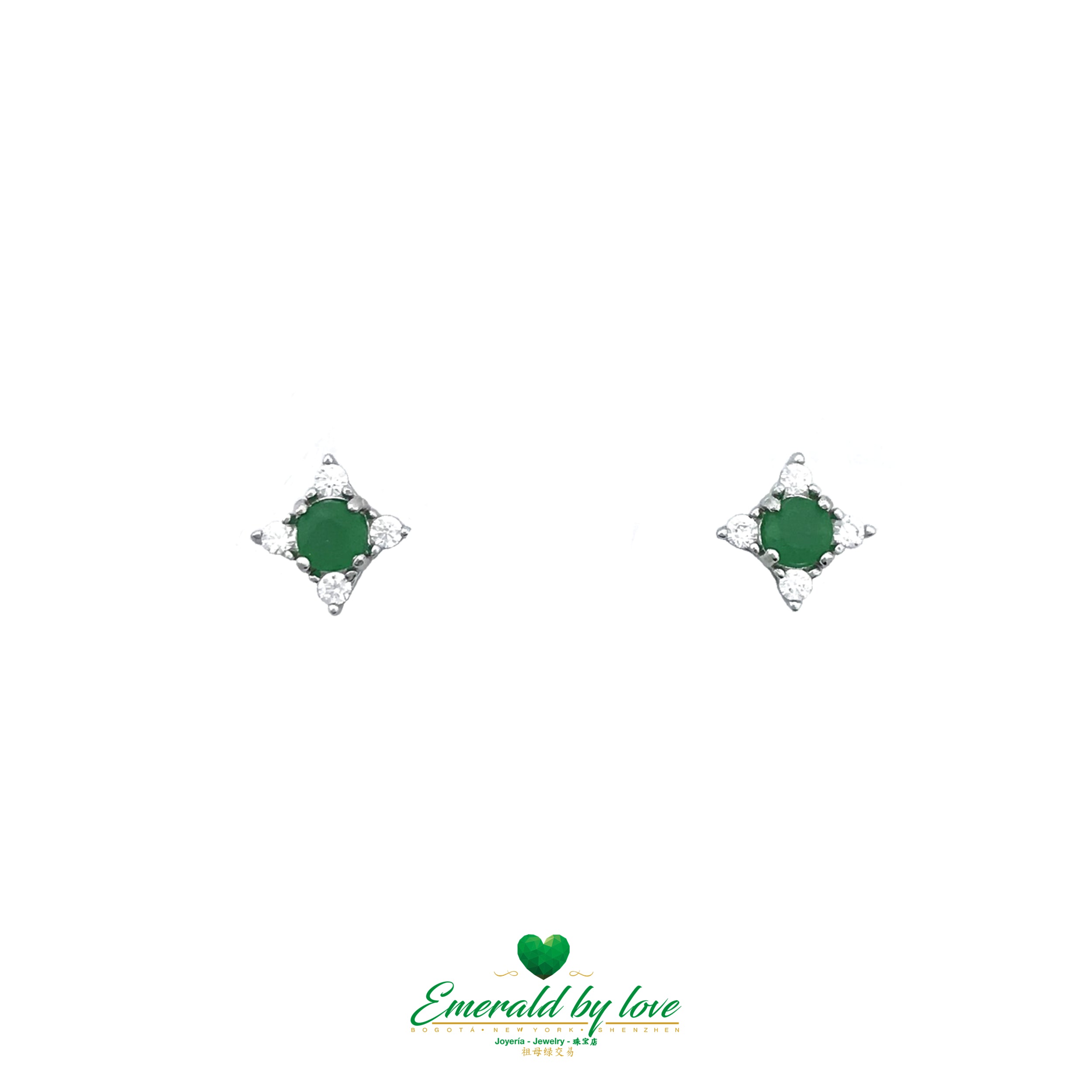 925 Sterling Silver Stud Earrings with Central Round Colombian Emerald Surrounded by Four Zircons