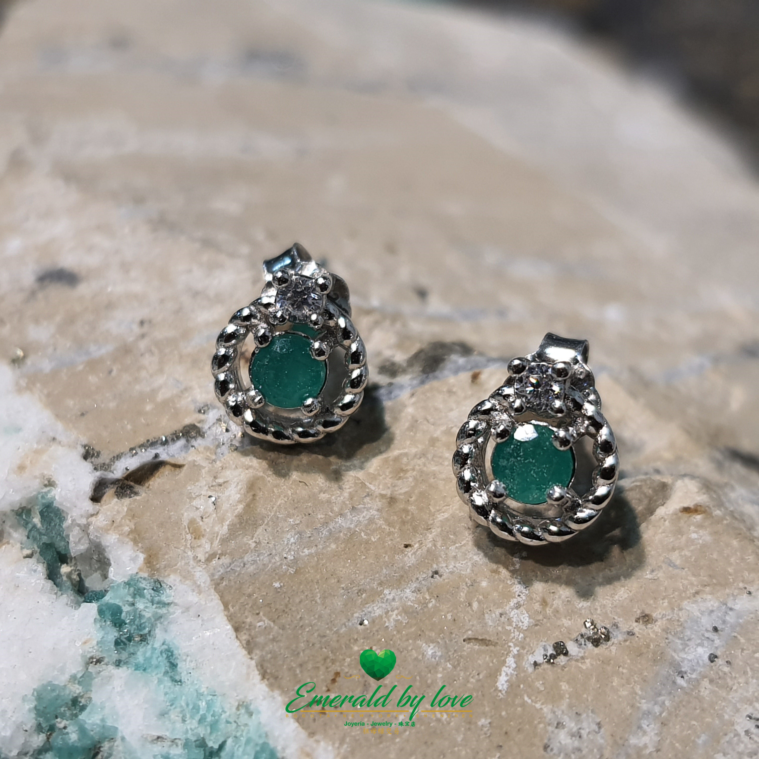 Delicate Sterling Silver Stud Earrings with Petite Round Central Colombian Emerald