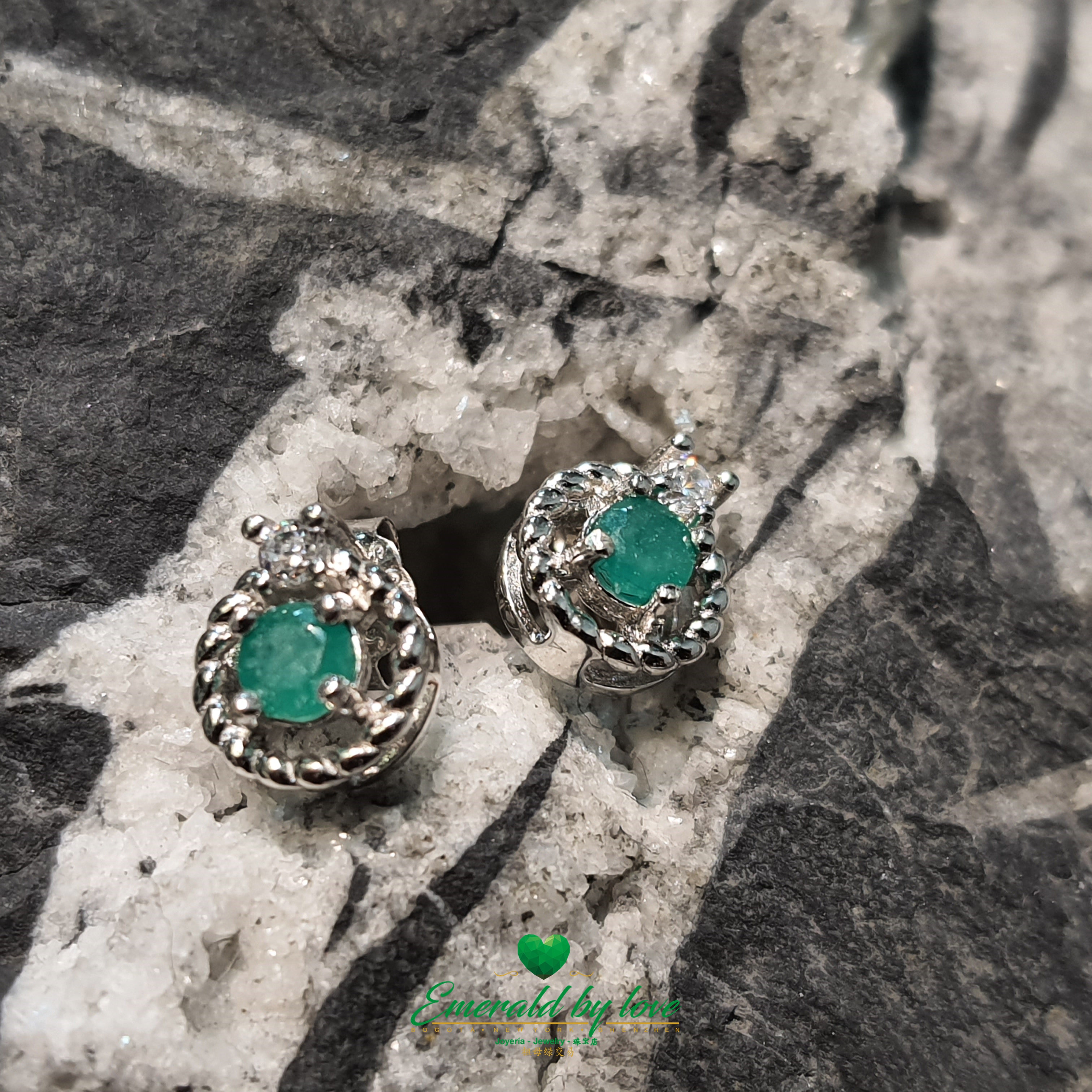 Delicate Sterling Silver Stud Earrings with Petite Round Central Colombian Emerald