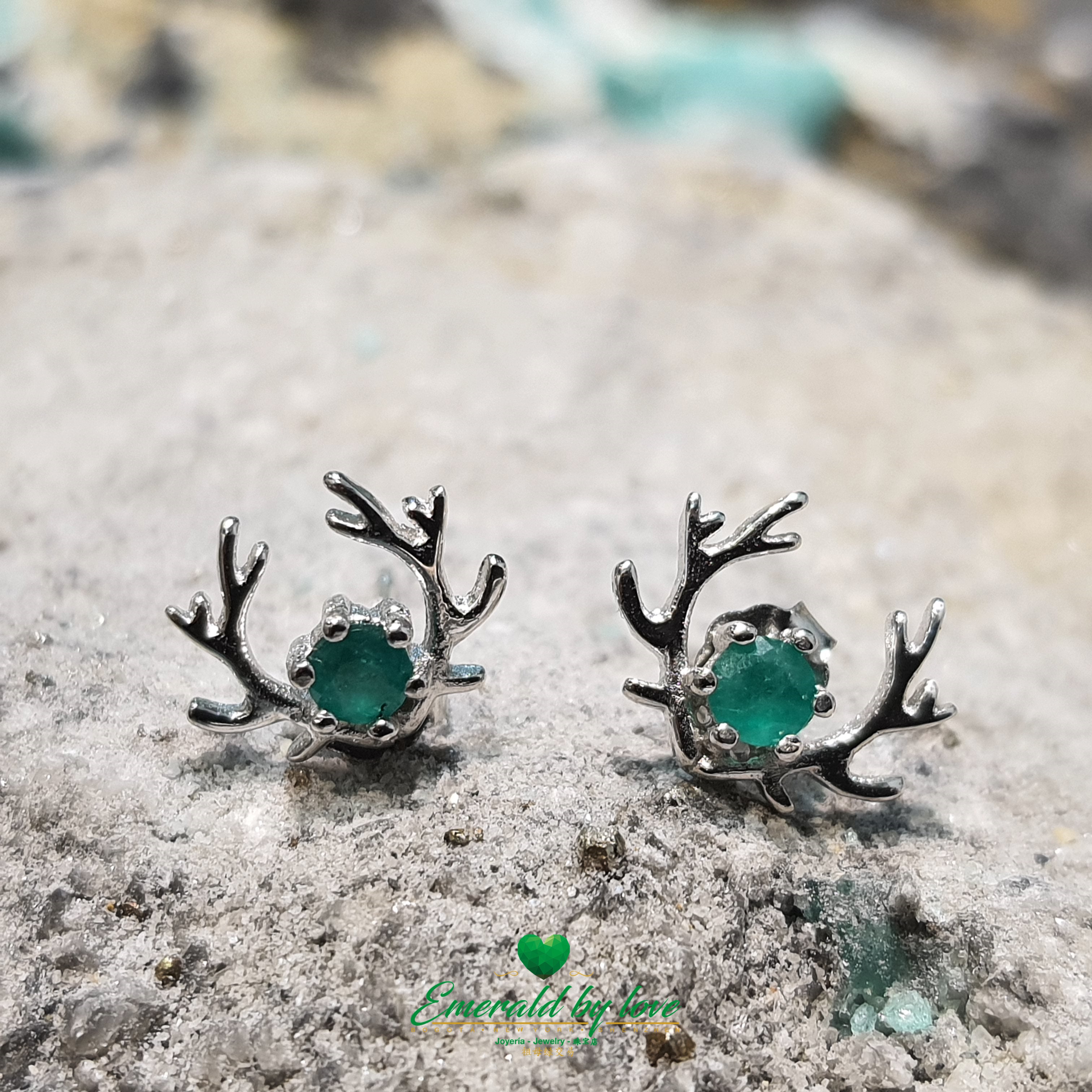 925 Sterling Silver Deer Antler Design Earrings with Colombian Emeralds