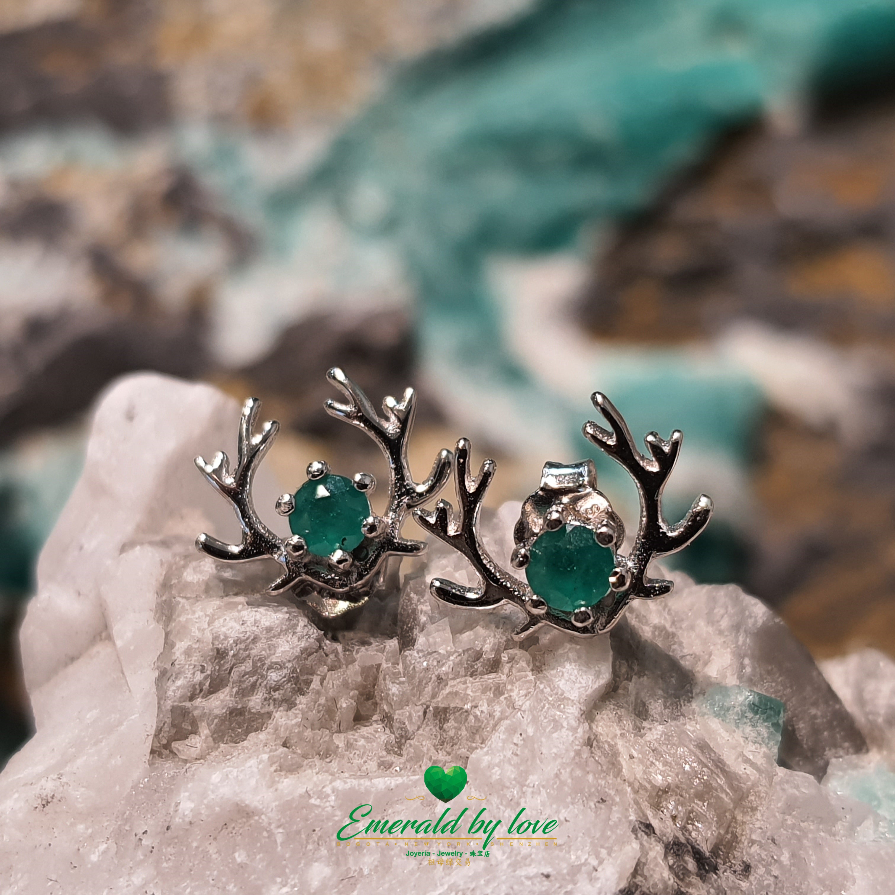 925 Sterling Silver Deer Antler Design Earrings with Colombian Emeralds