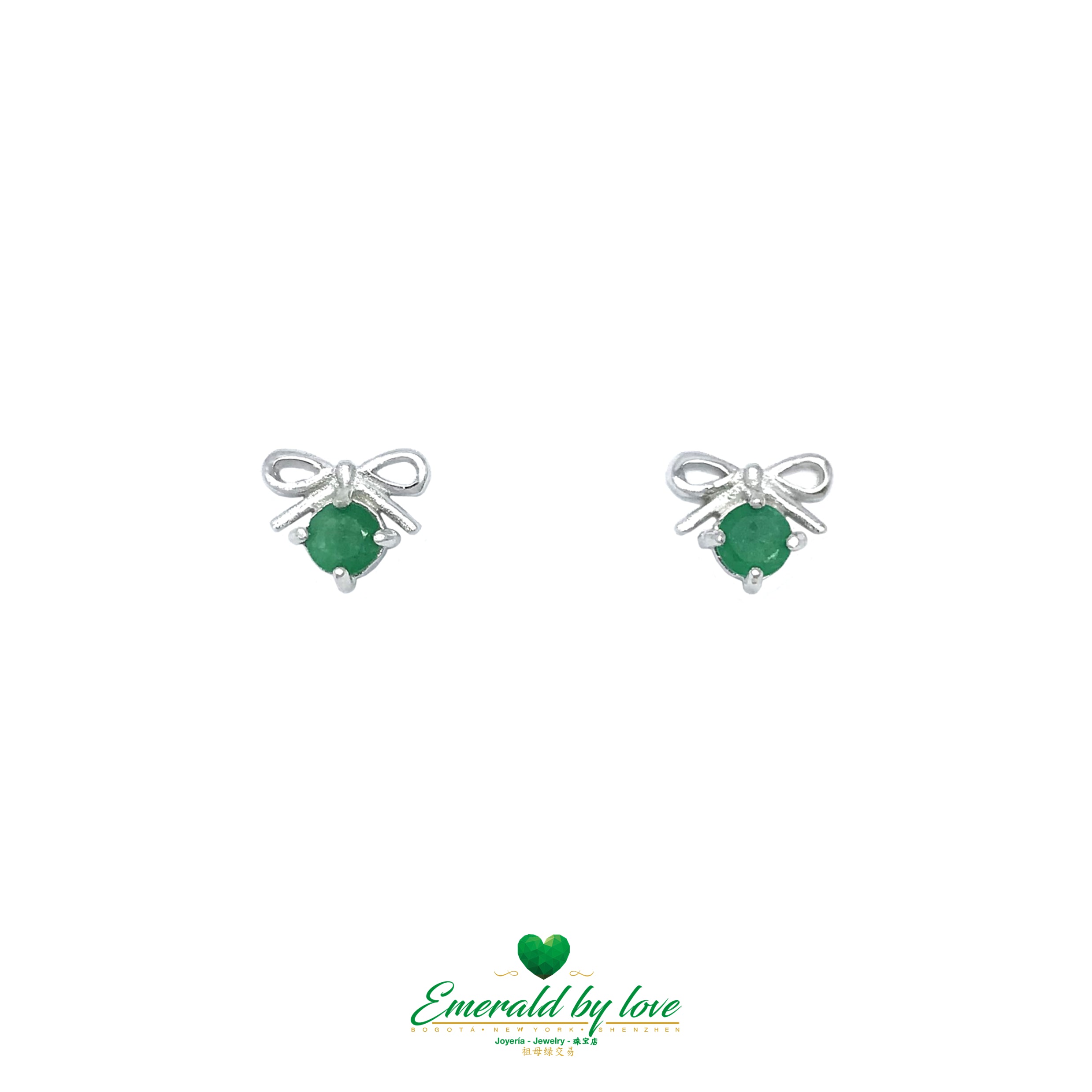 Tiny and Delicate Bow Design Sterling Silver Stud Earrings with Colombian Emeralds