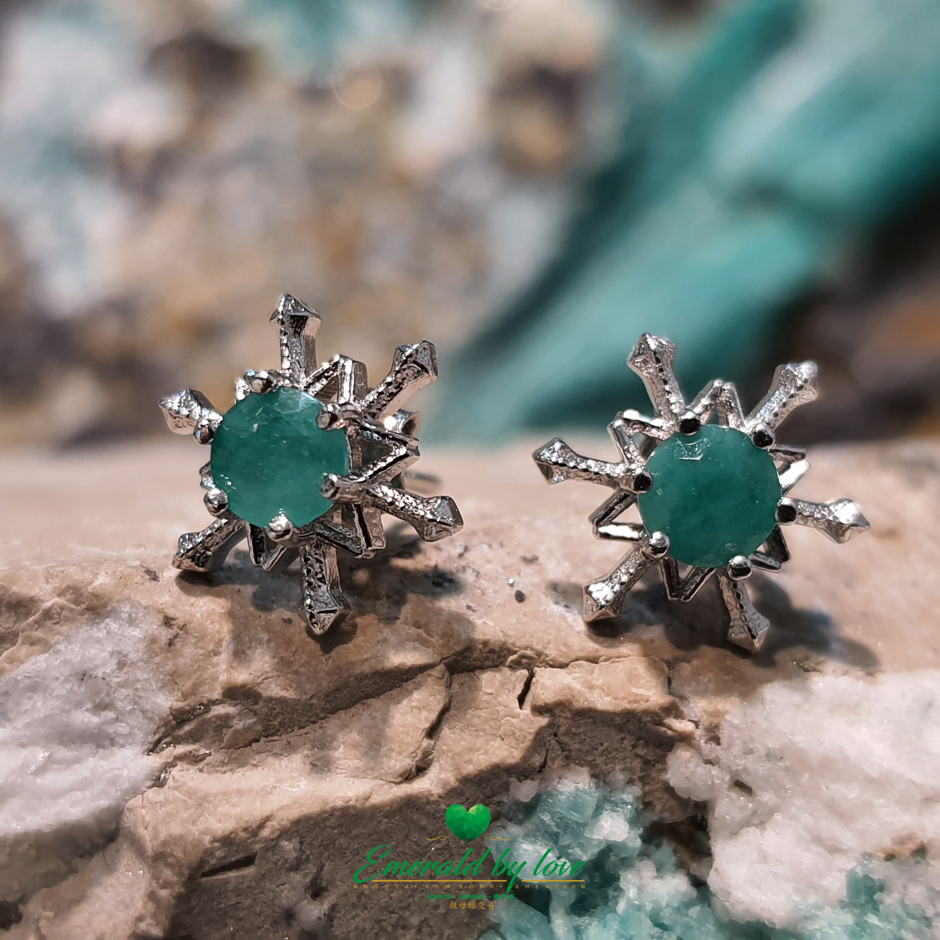 Sterling Silver Snowflake Earrings with Colombian Emerald