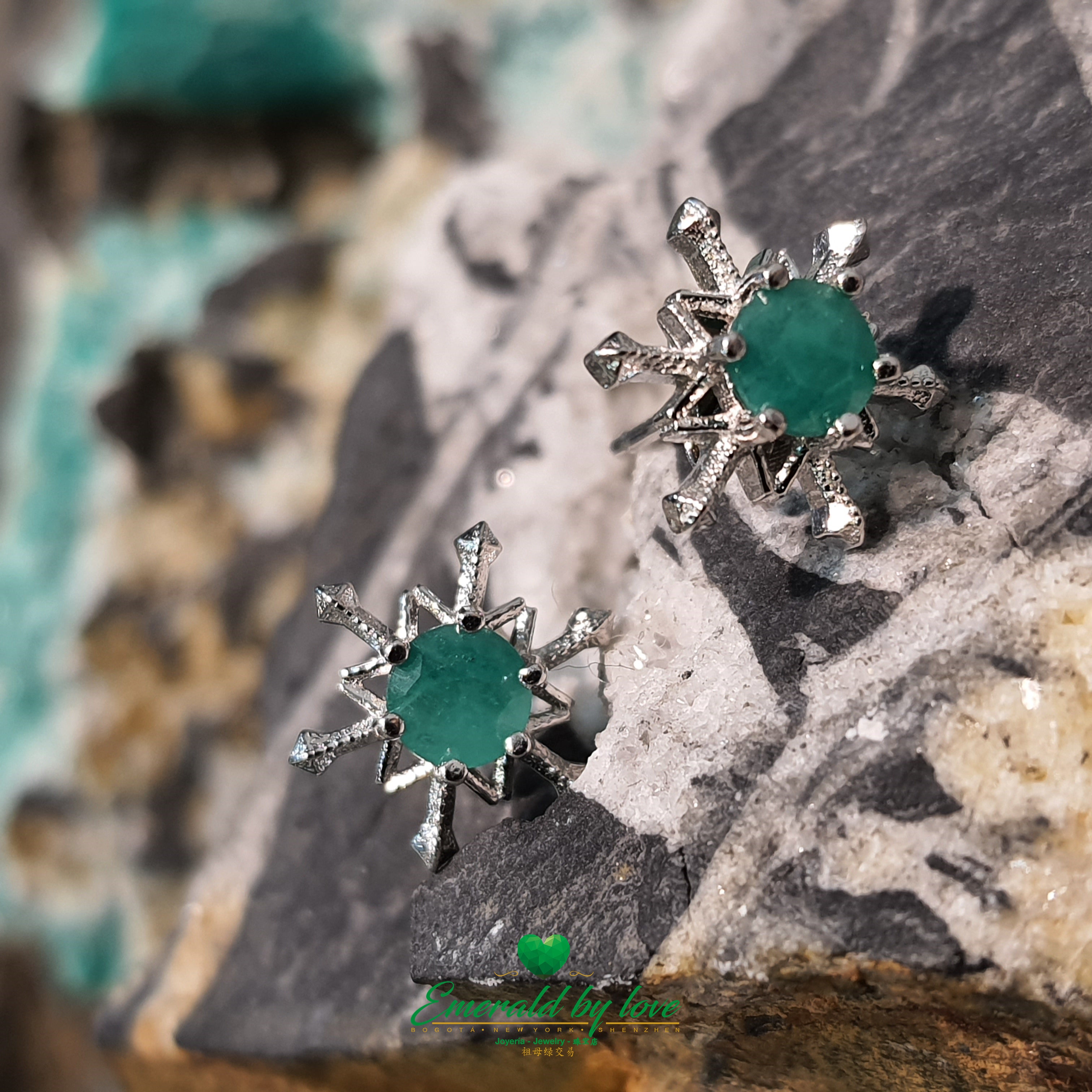 Sterling Silver Snowflake Earrings with Colombian Emerald