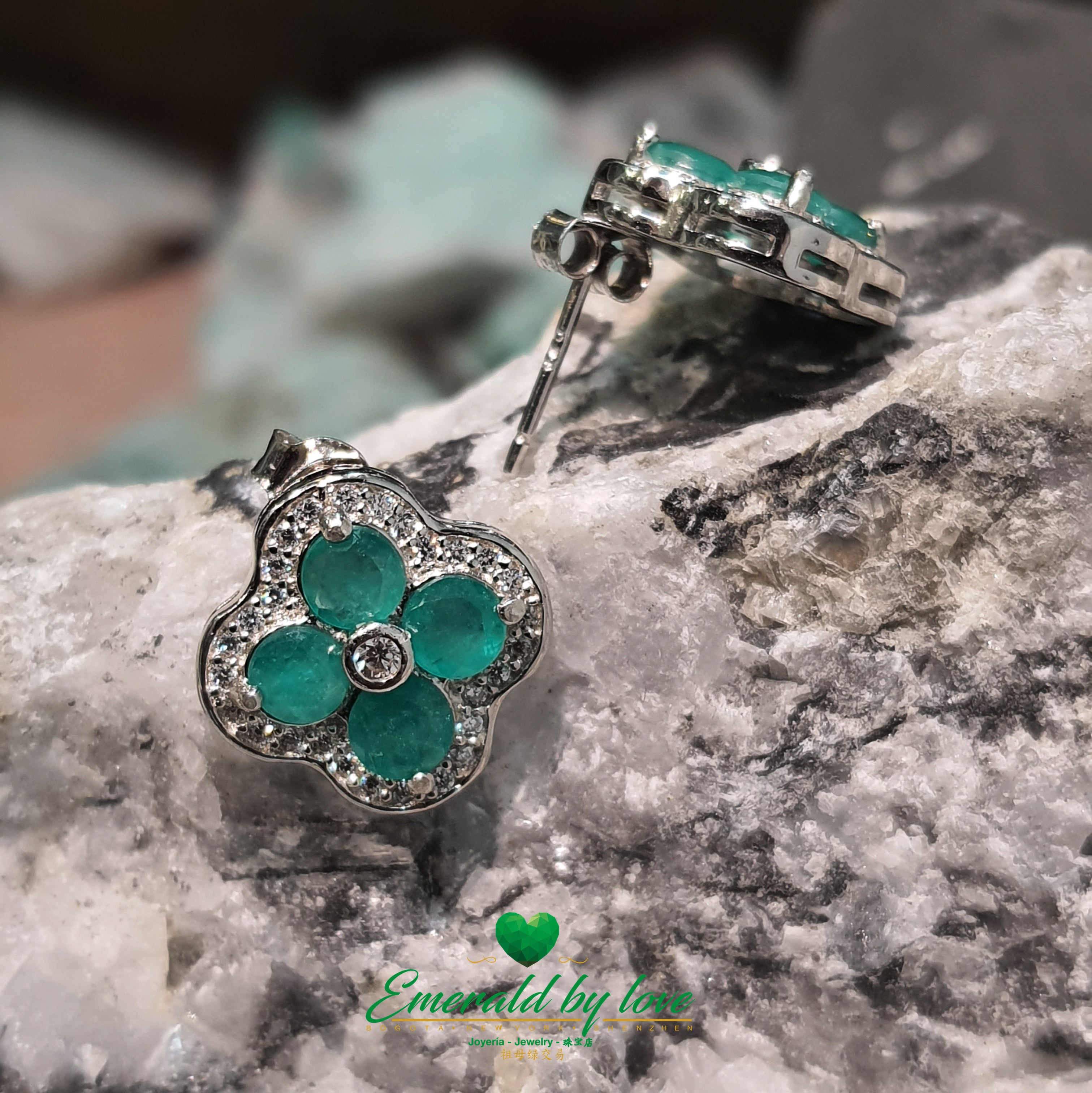 Sterling Silver Four-Leaf Clover Earrings Adorned with Colombian Emeralds and Cubic Zirconia
