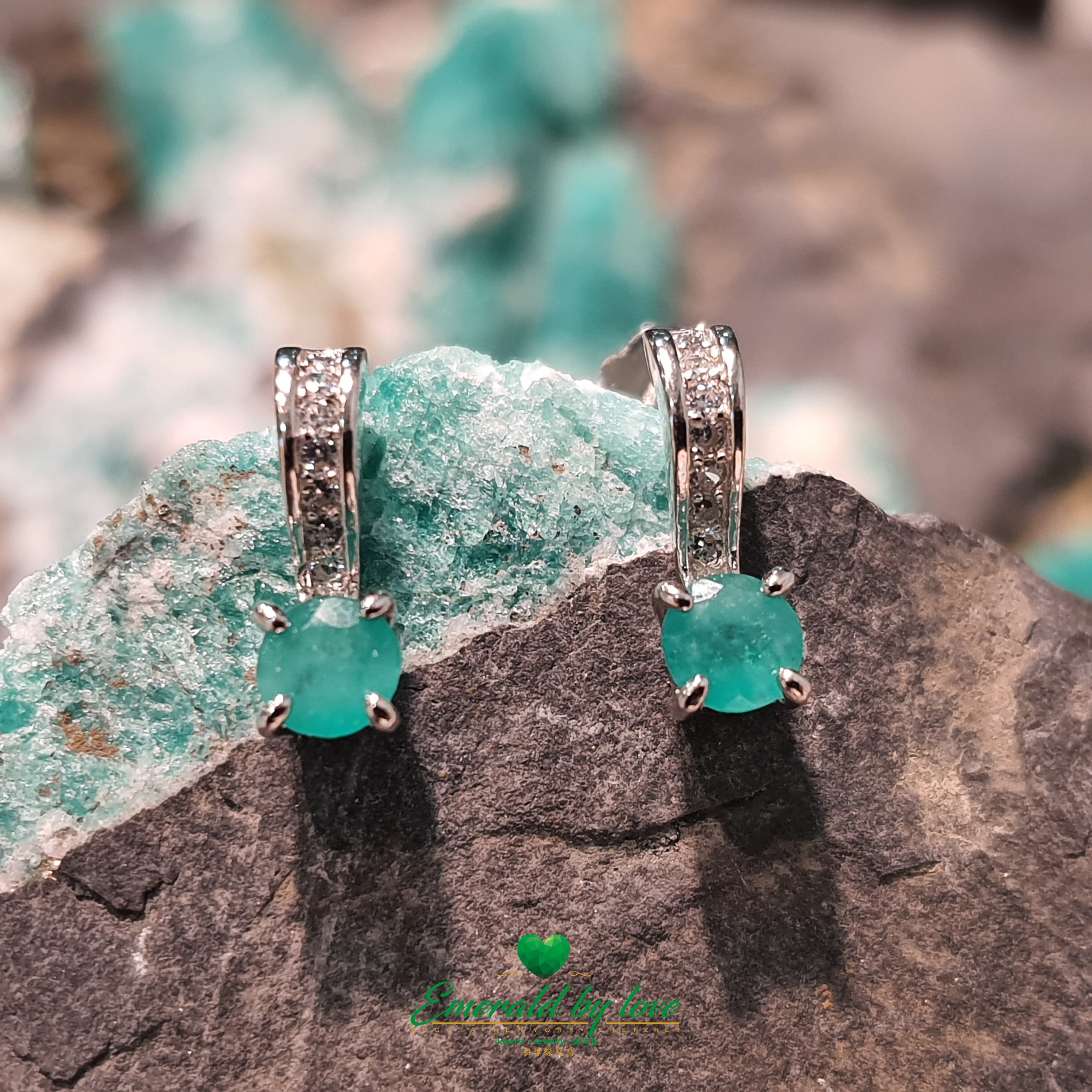 Elongated Sterling Silver Earrings with Round Colombian Emerald and Cubic Zirconia