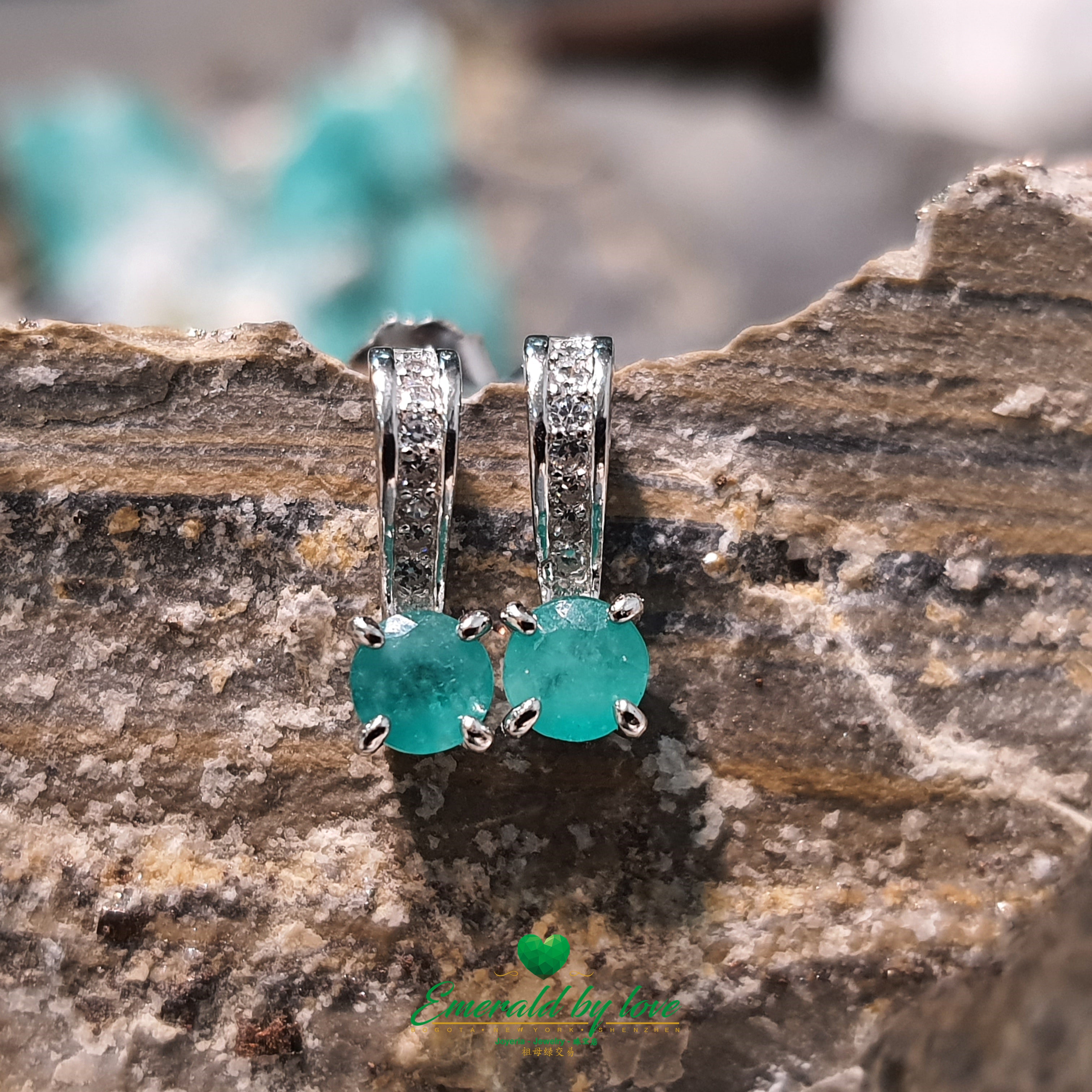 Elongated Sterling Silver Earrings with Round Colombian Emerald and Cubic Zirconia