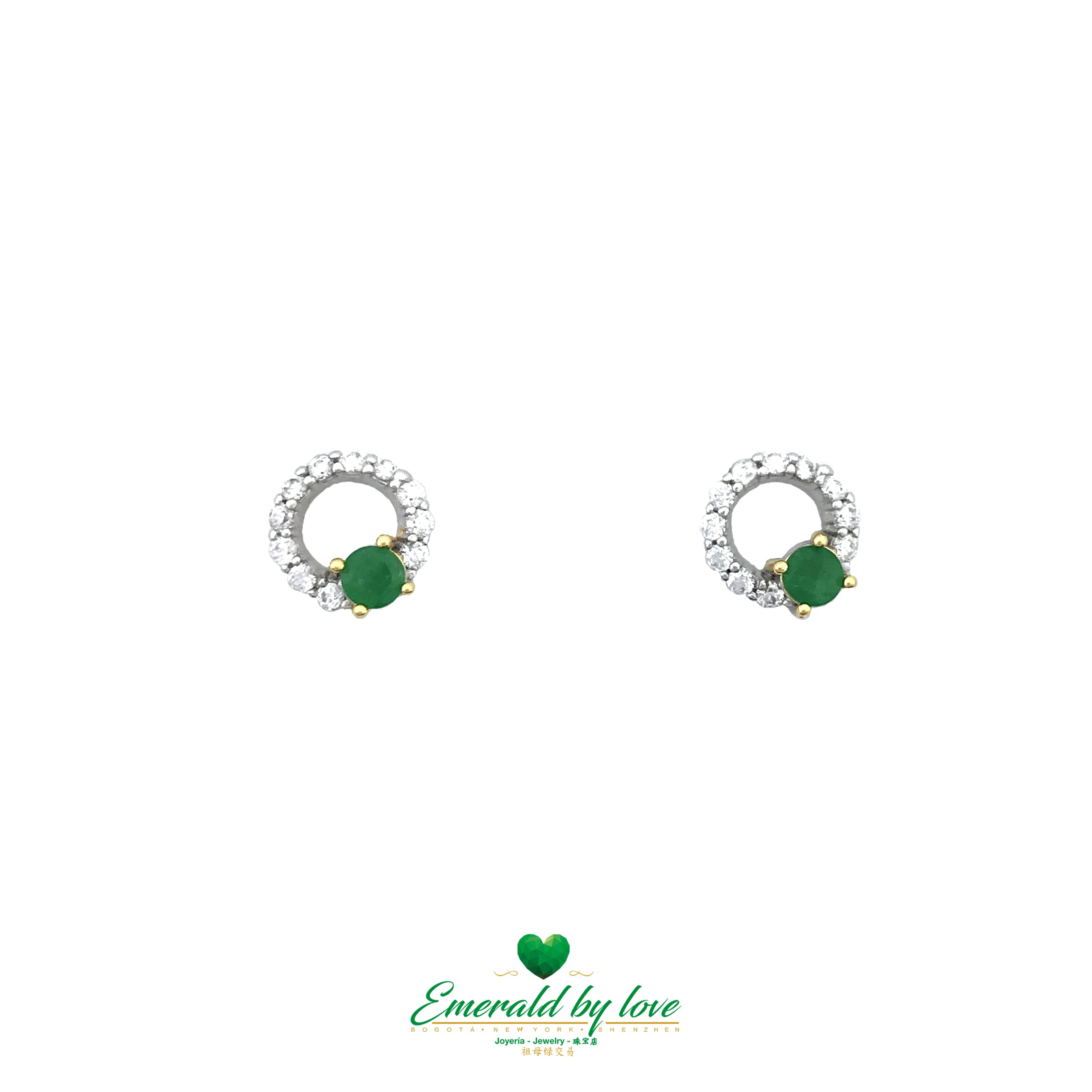 Boucles d’oreilles circulaires modernes en argent avec émeraudes colombiennes rondes