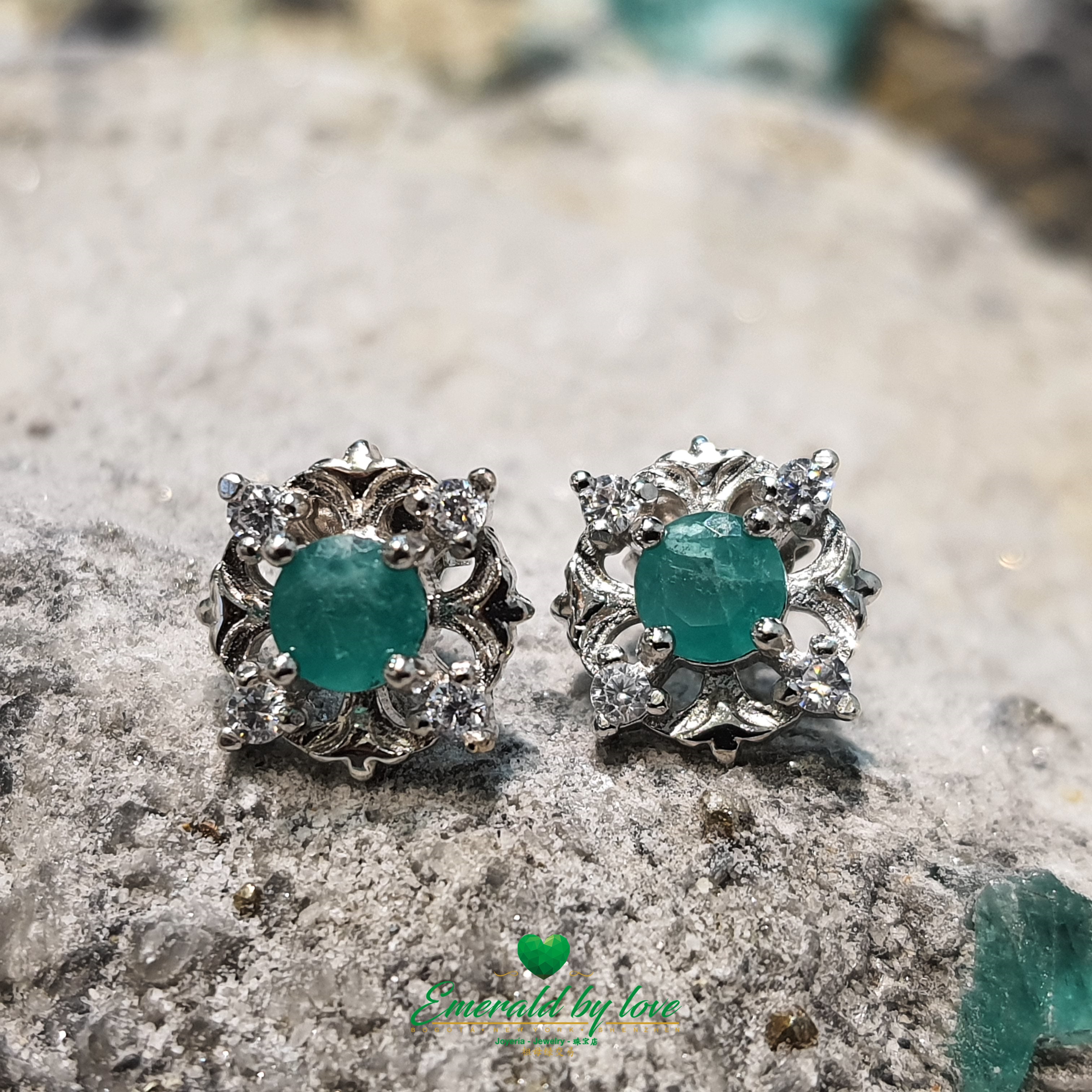 Elegant Silver Earrings with Round Colombian Emeralds in Floral Design
