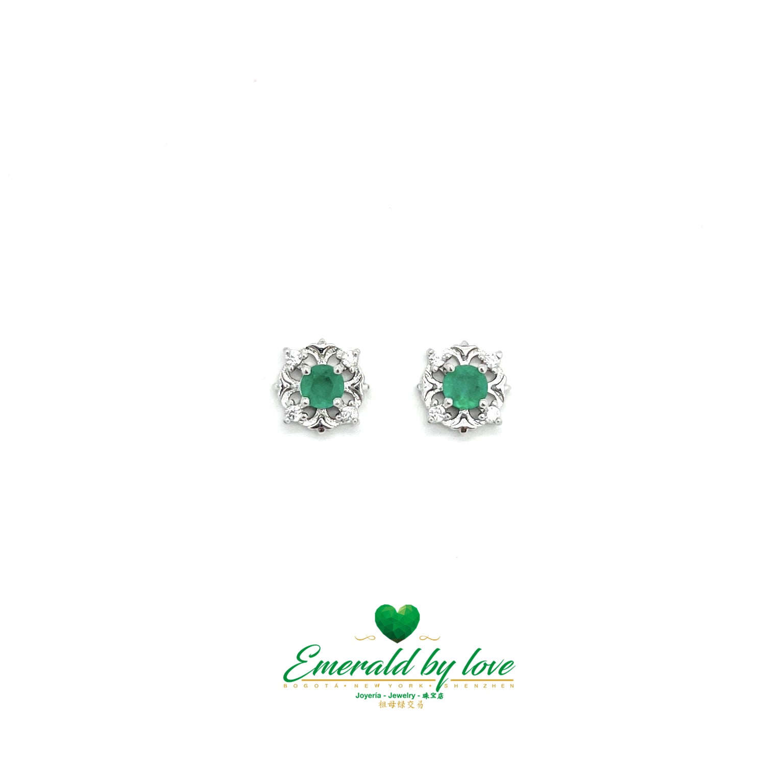 Elegant Silver Earrings with Round Colombian Emeralds in Floral Design