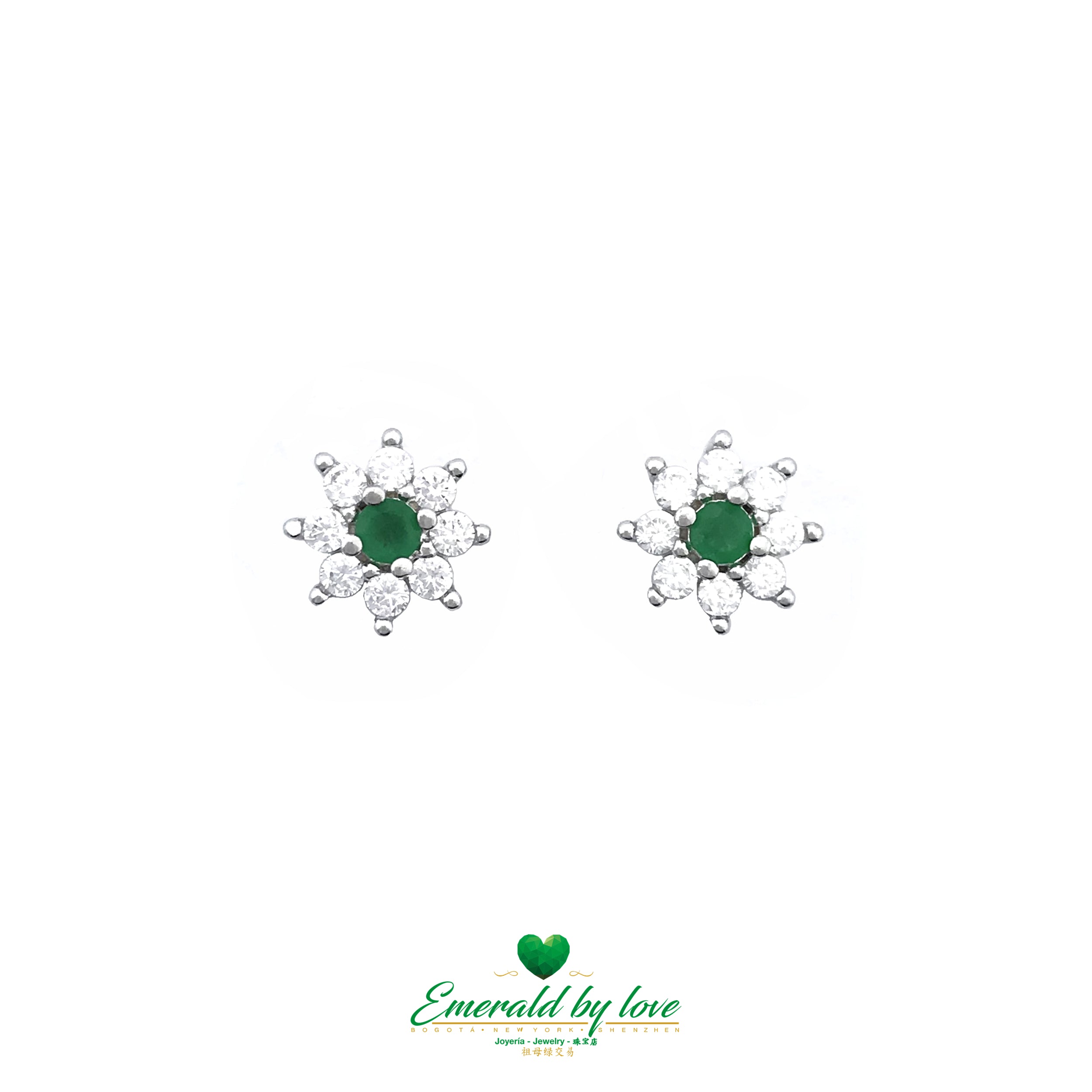 Sterling Silver Sunflower Earrings with Central Emerald Surrounded by Zirconia
