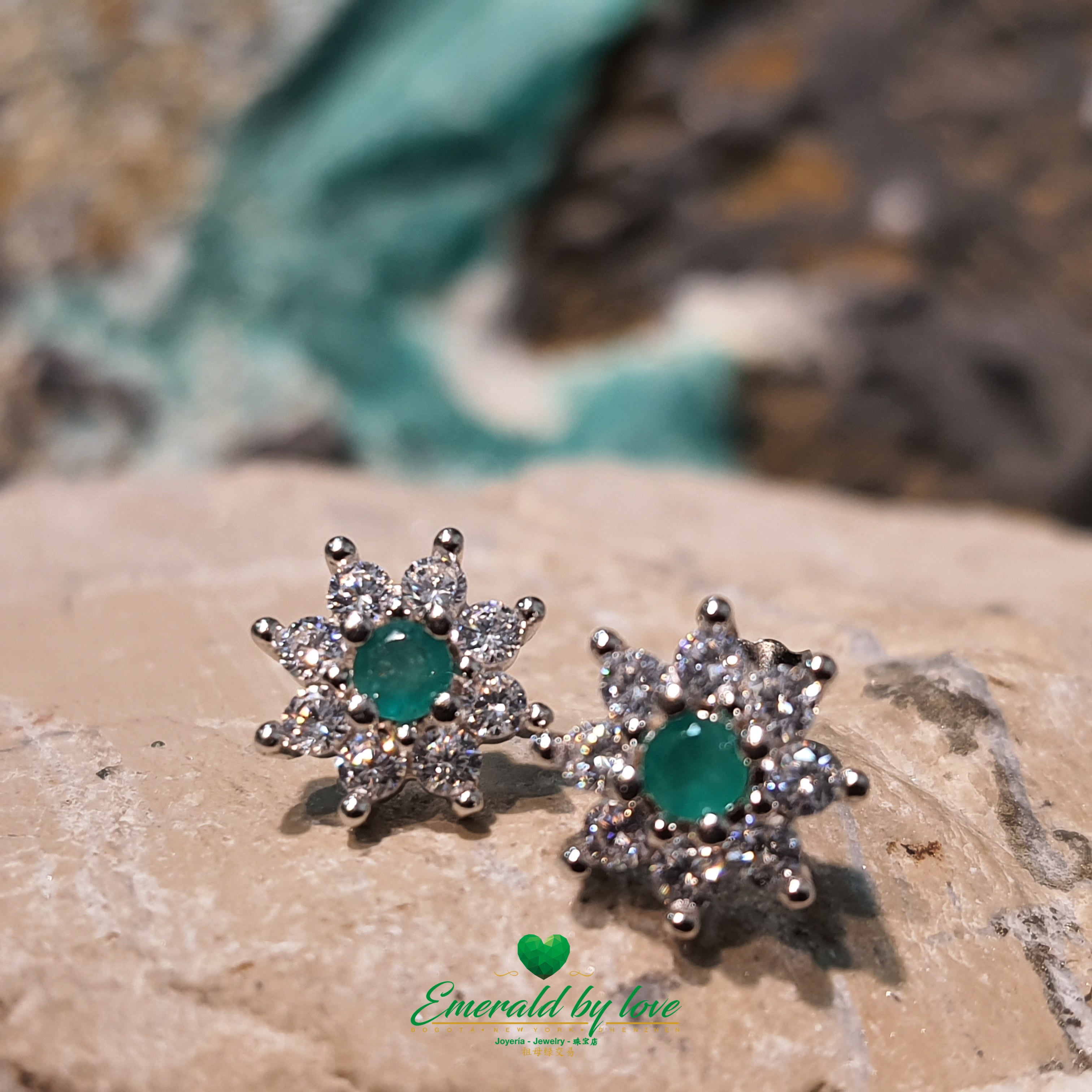 Sterling Silver Sunflower Earrings with Central Emerald Surrounded by Zirconia