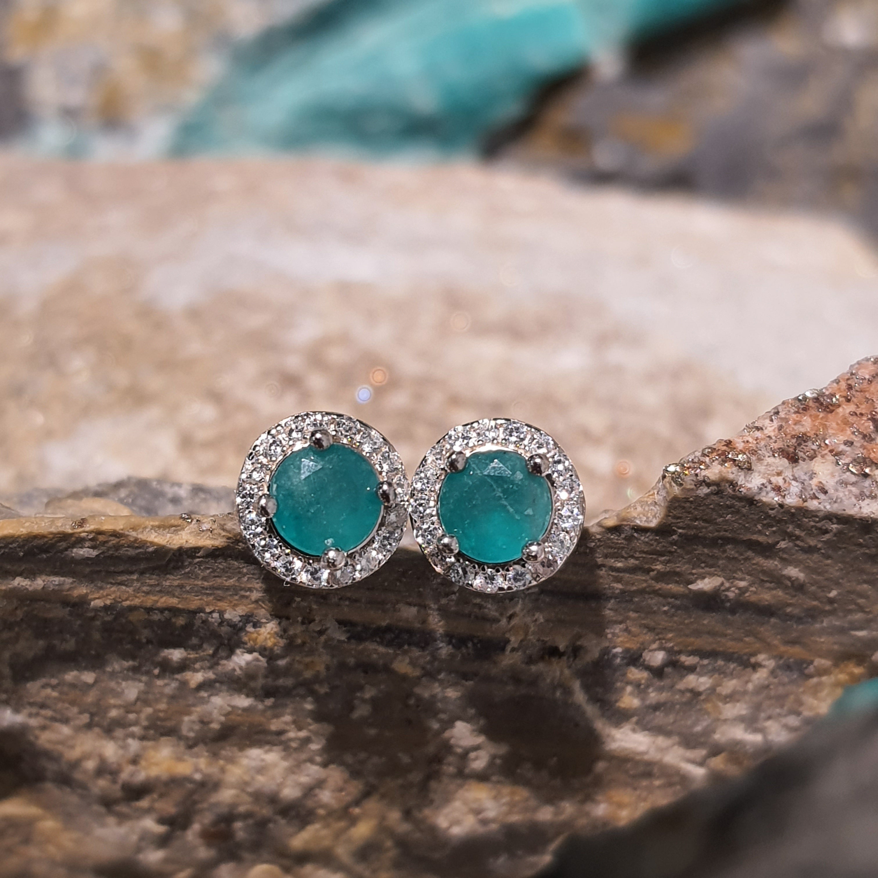 Elegant Round Sterling Silver Earrings with Central Emerald of Exceptional Color and Size