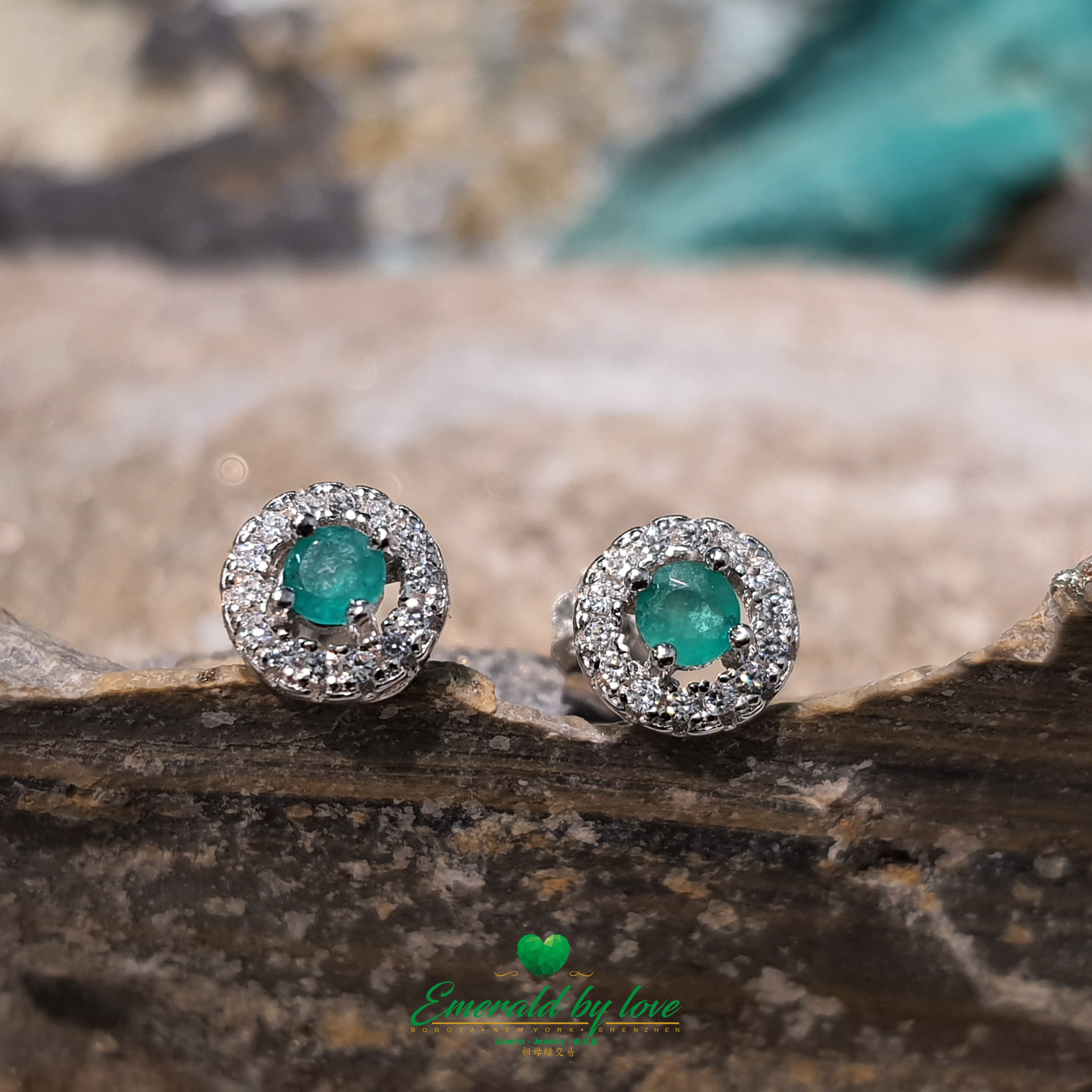 Small Round Marquise Sterling Silver Earrings with Central Emerald