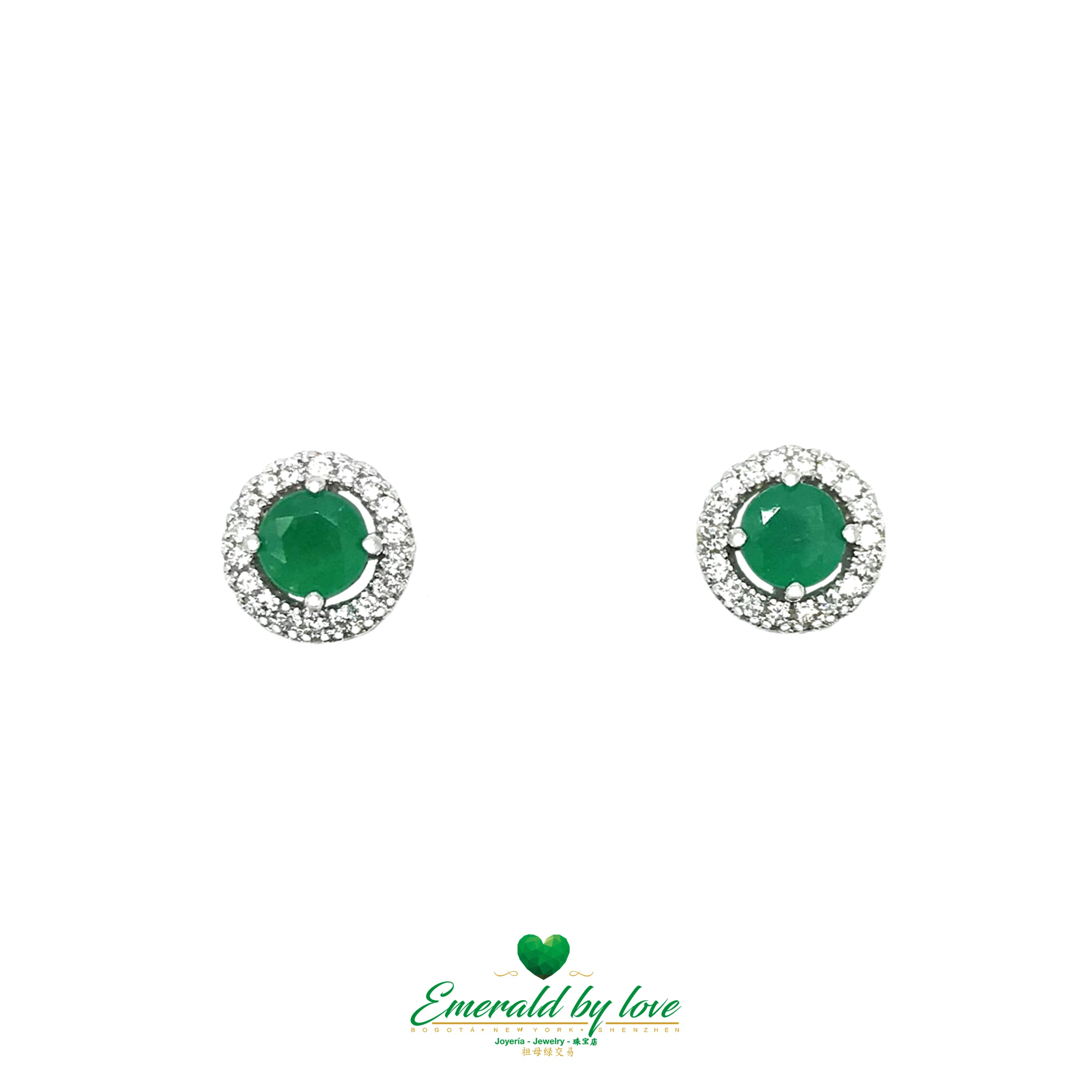 Sterling Silver Marquise Earrings with Round Central Emerald in Four-Prong Setting