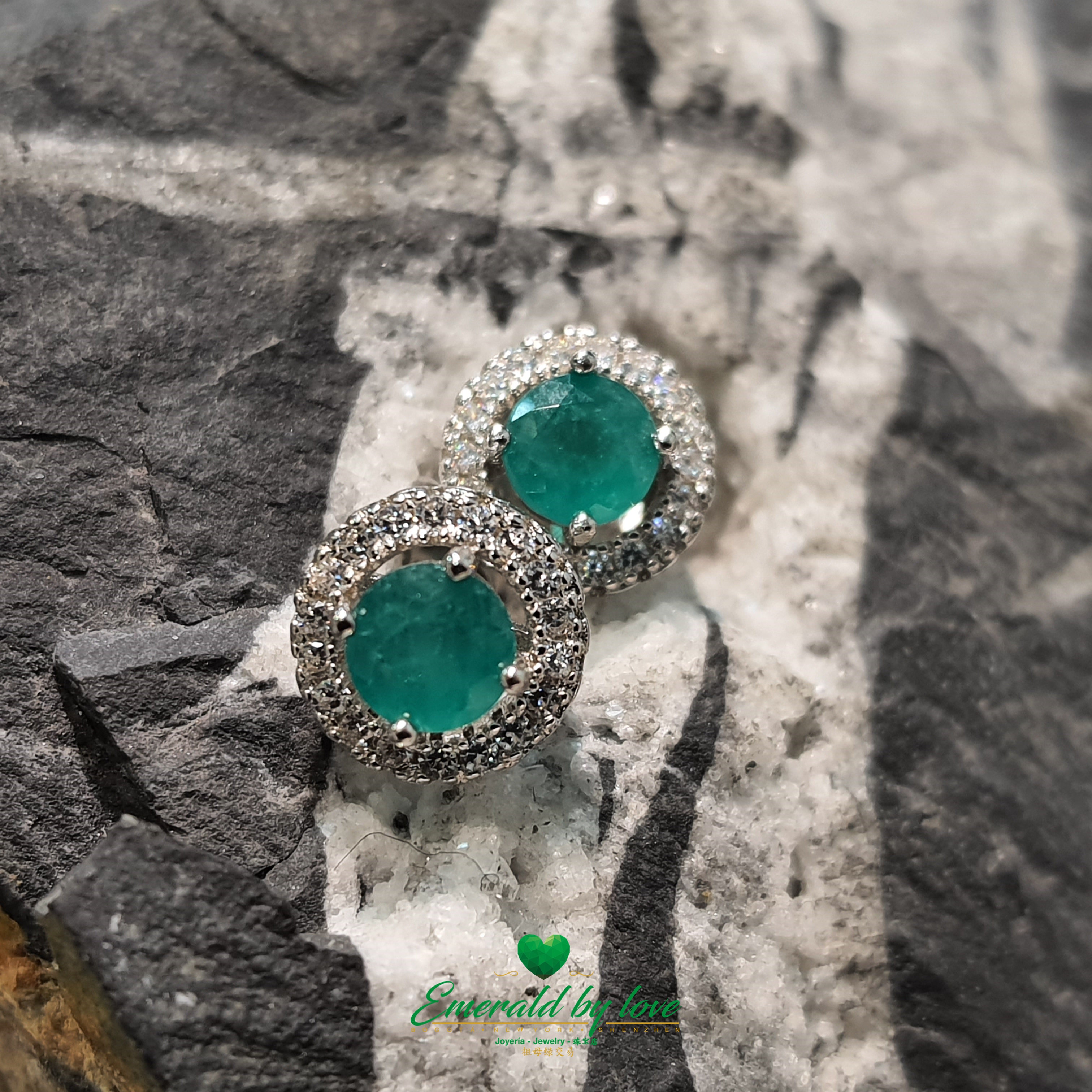 Sterling Silver Marquise Earrings with Round Central Emerald in Four-Prong Setting