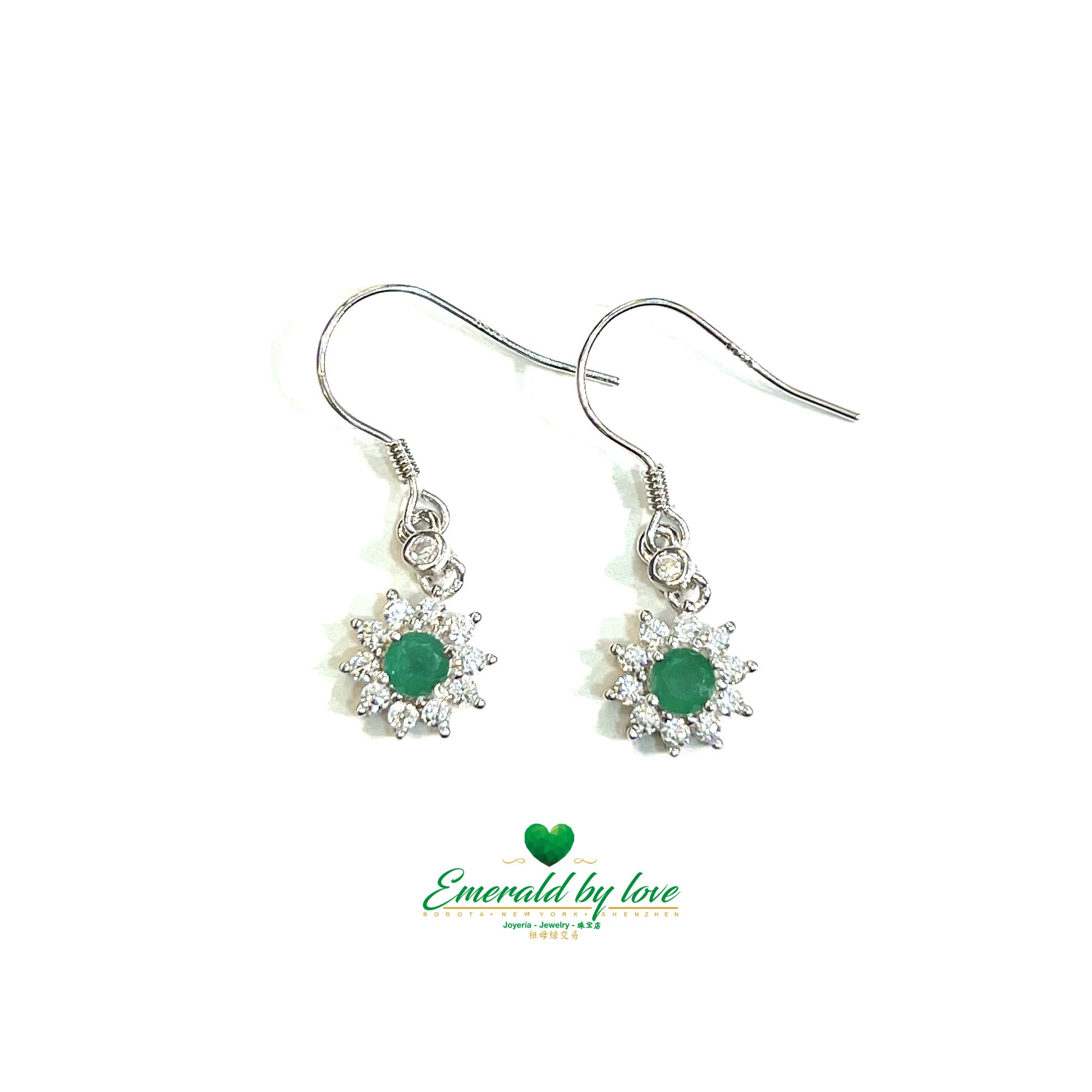 Elegant Silver Drop Earrings with Sunflower, Zirconia, and Central Emerald