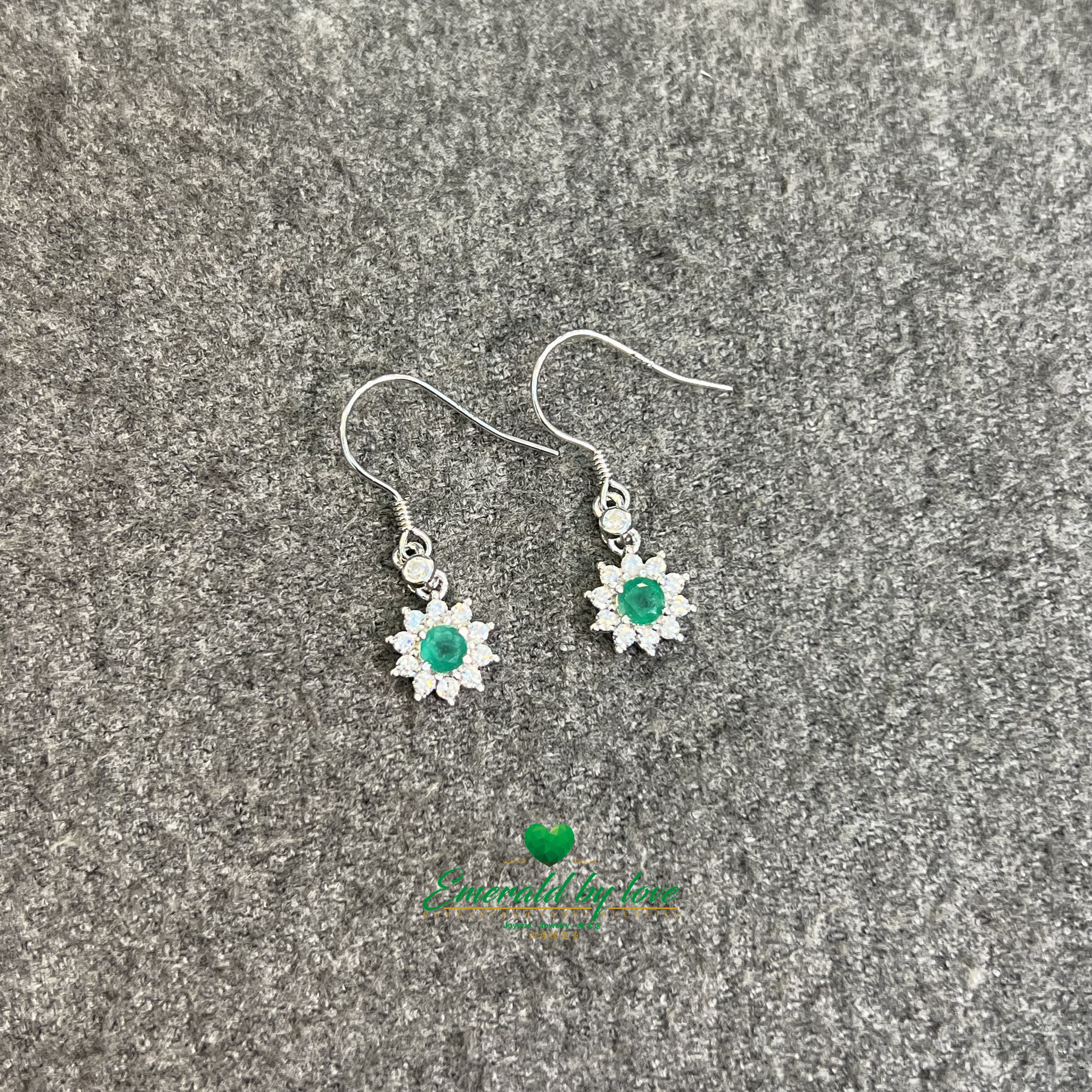 Elegant Silver Drop Earrings with Sunflower, Zirconia, and Central Emerald