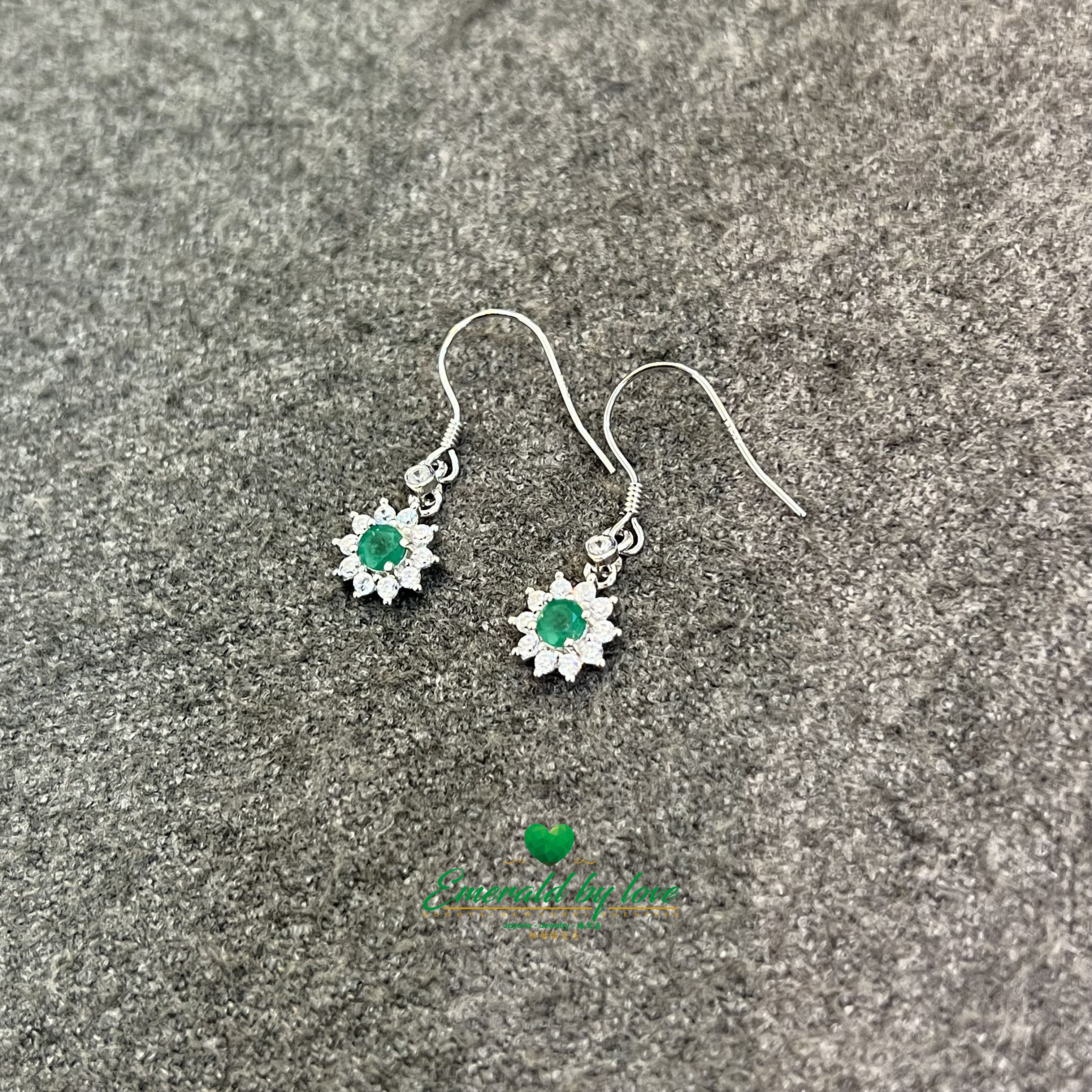 Elegant Silver Drop Earrings with Sunflower, Zirconia, and Central Emerald