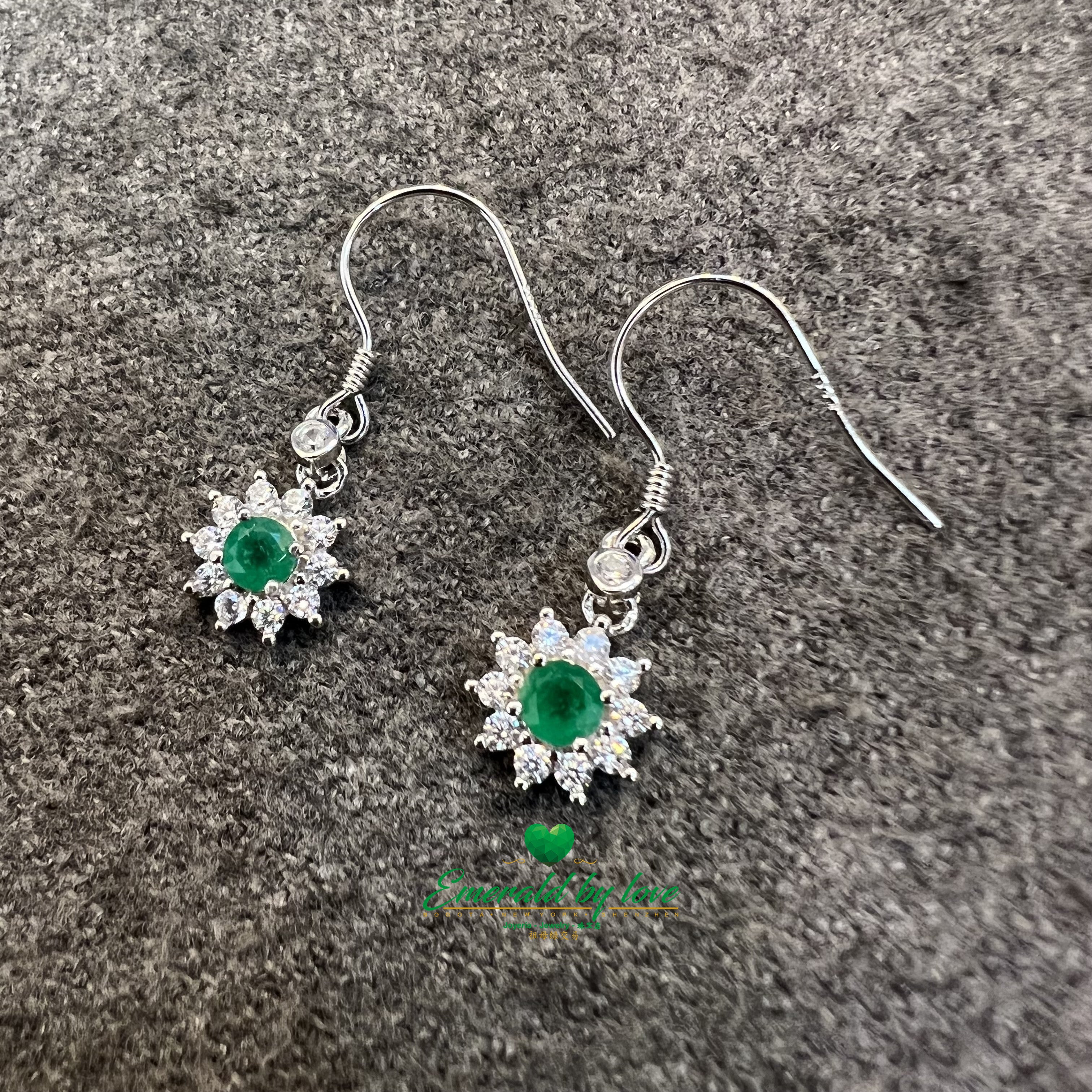 Elegant Silver Drop Earrings with Sunflower, Zirconia, and Central Emerald