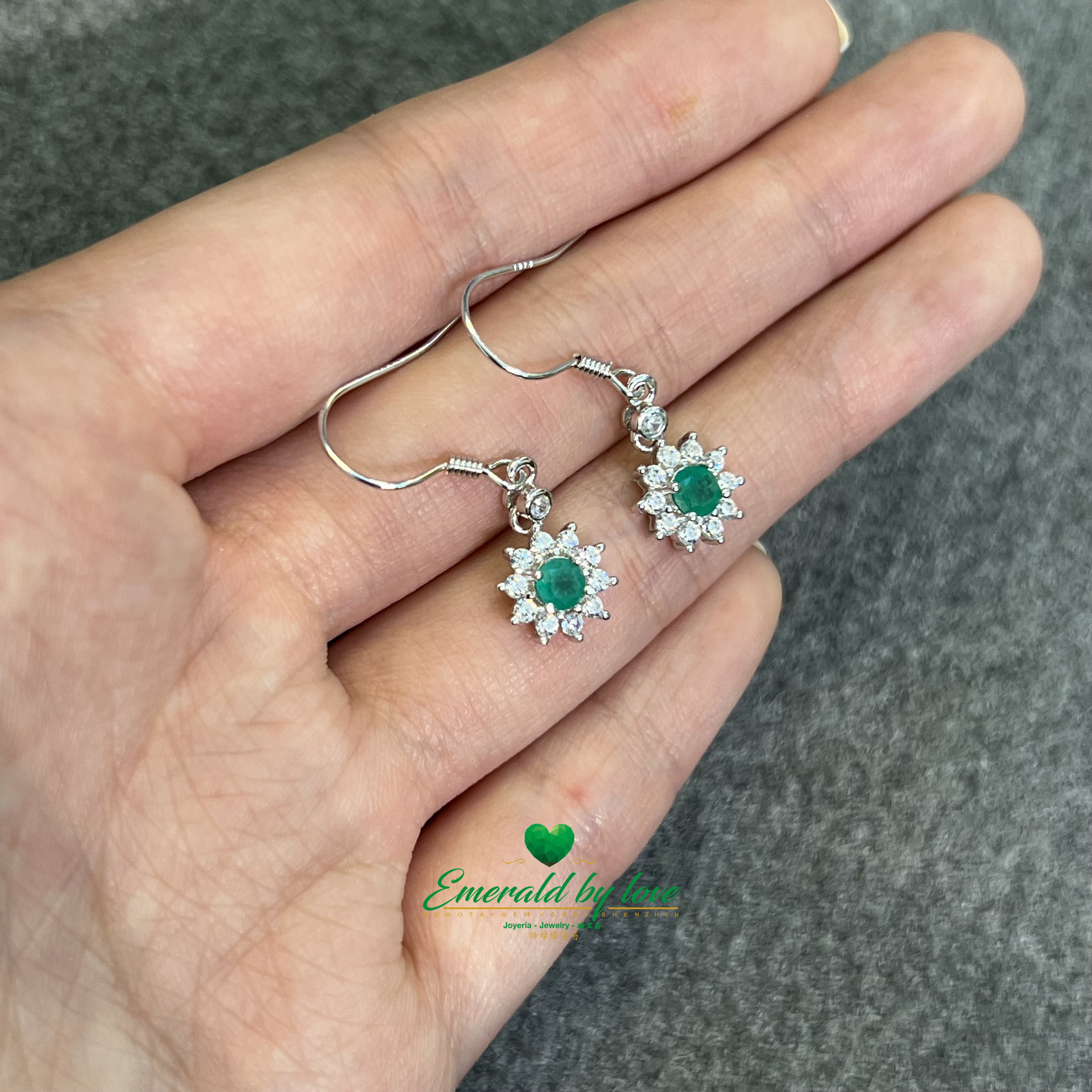 Elegant Silver Drop Earrings with Sunflower, Zirconia, and Central Emerald