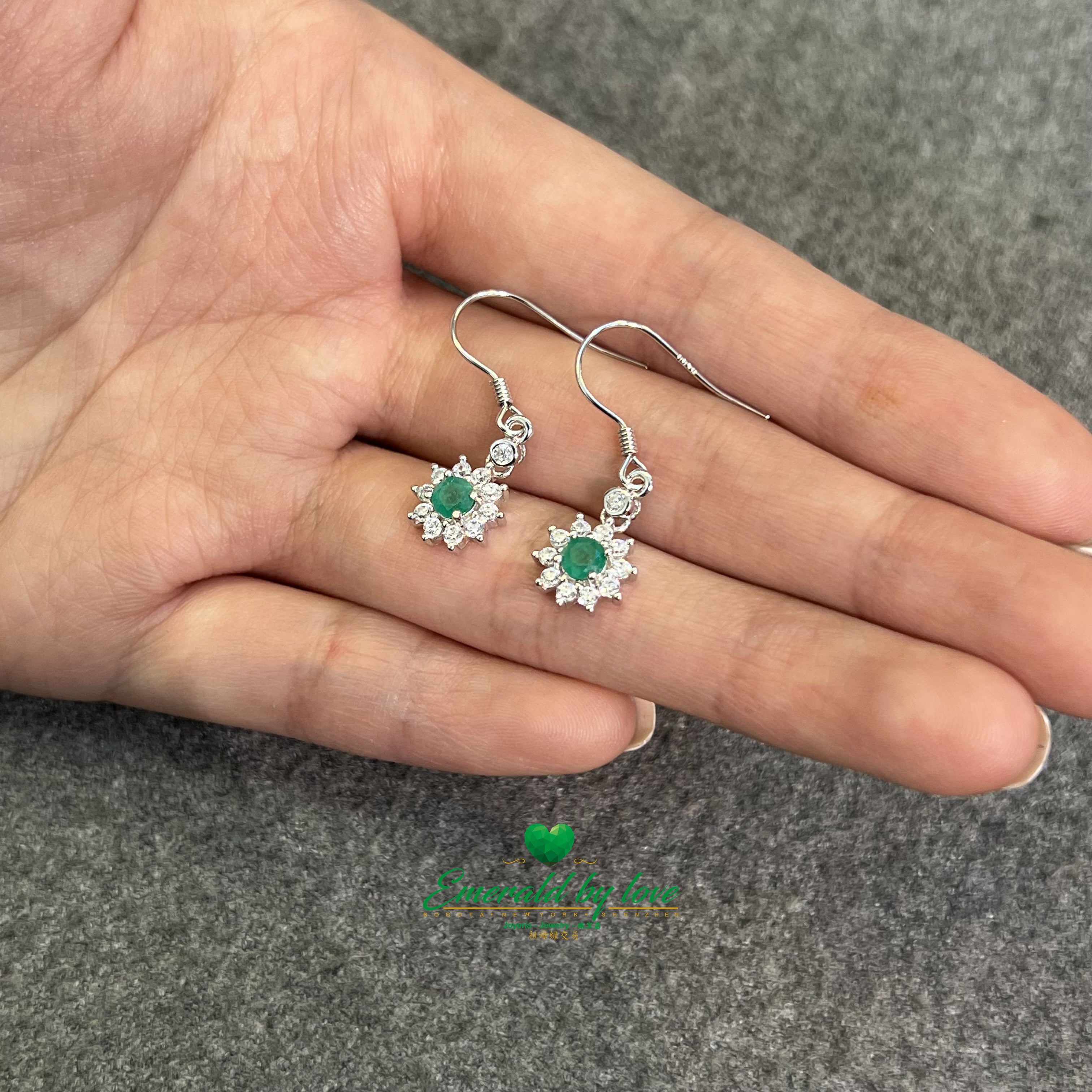 Elegant Silver Drop Earrings with Sunflower, Zirconia, and Central Emerald