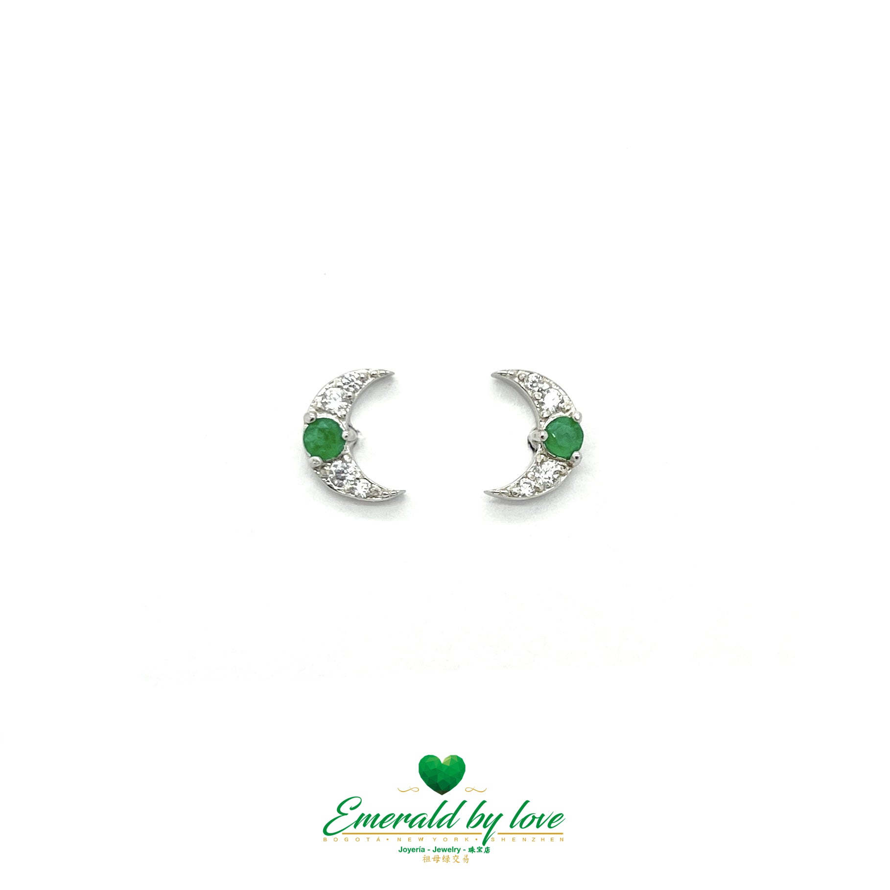 Sterling Silver Crescent Moon Design Earrings with Round Central Emerald