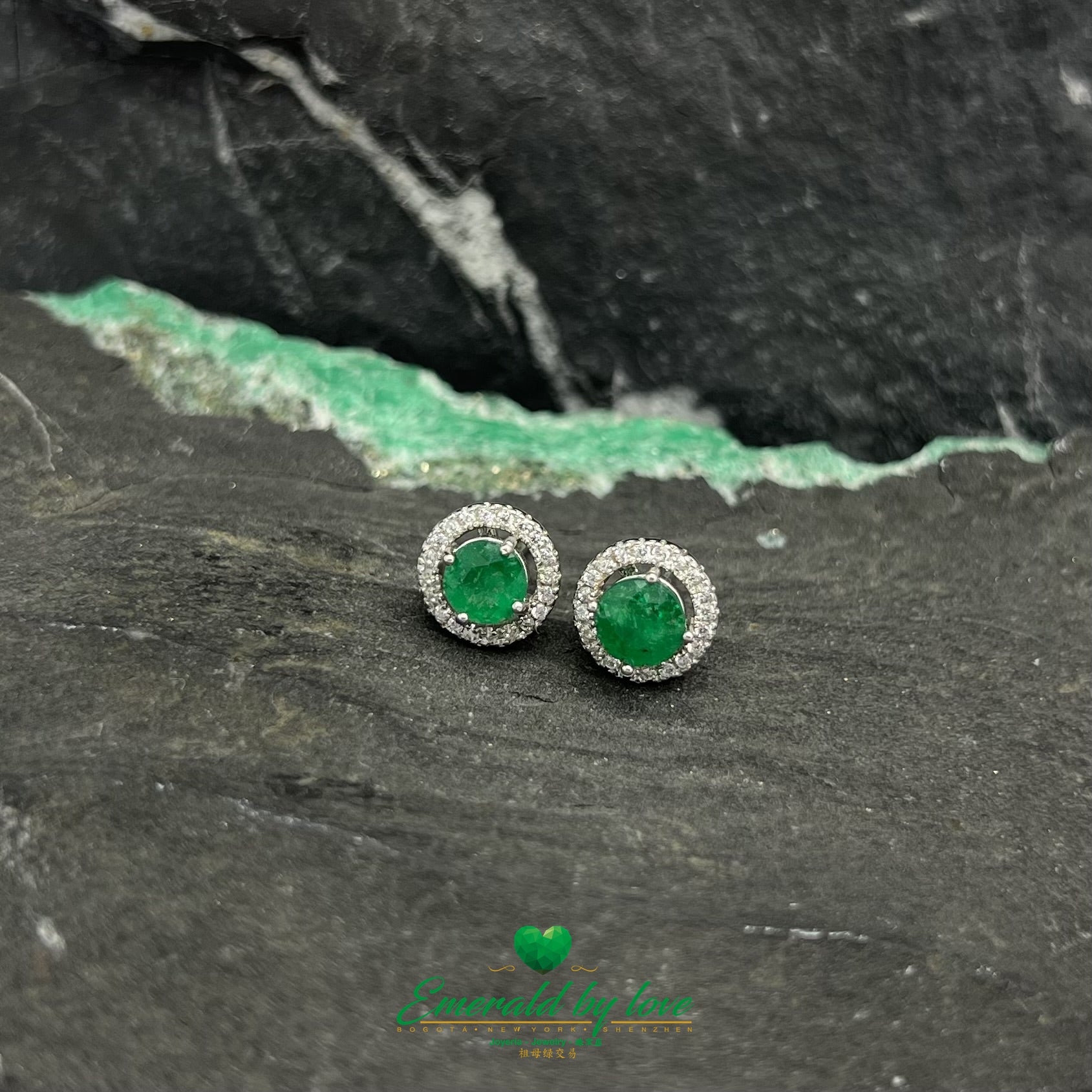 Round Sterling Silver Earrings with Central Emerald Surrounded by Zirconia