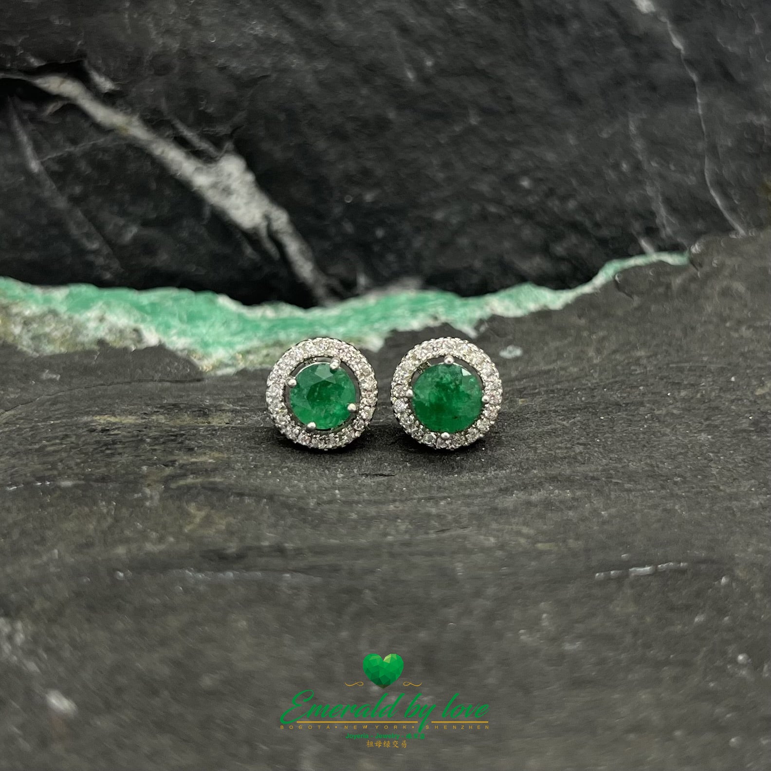 Round Sterling Silver Earrings with Central Emerald Surrounded by Zirconia