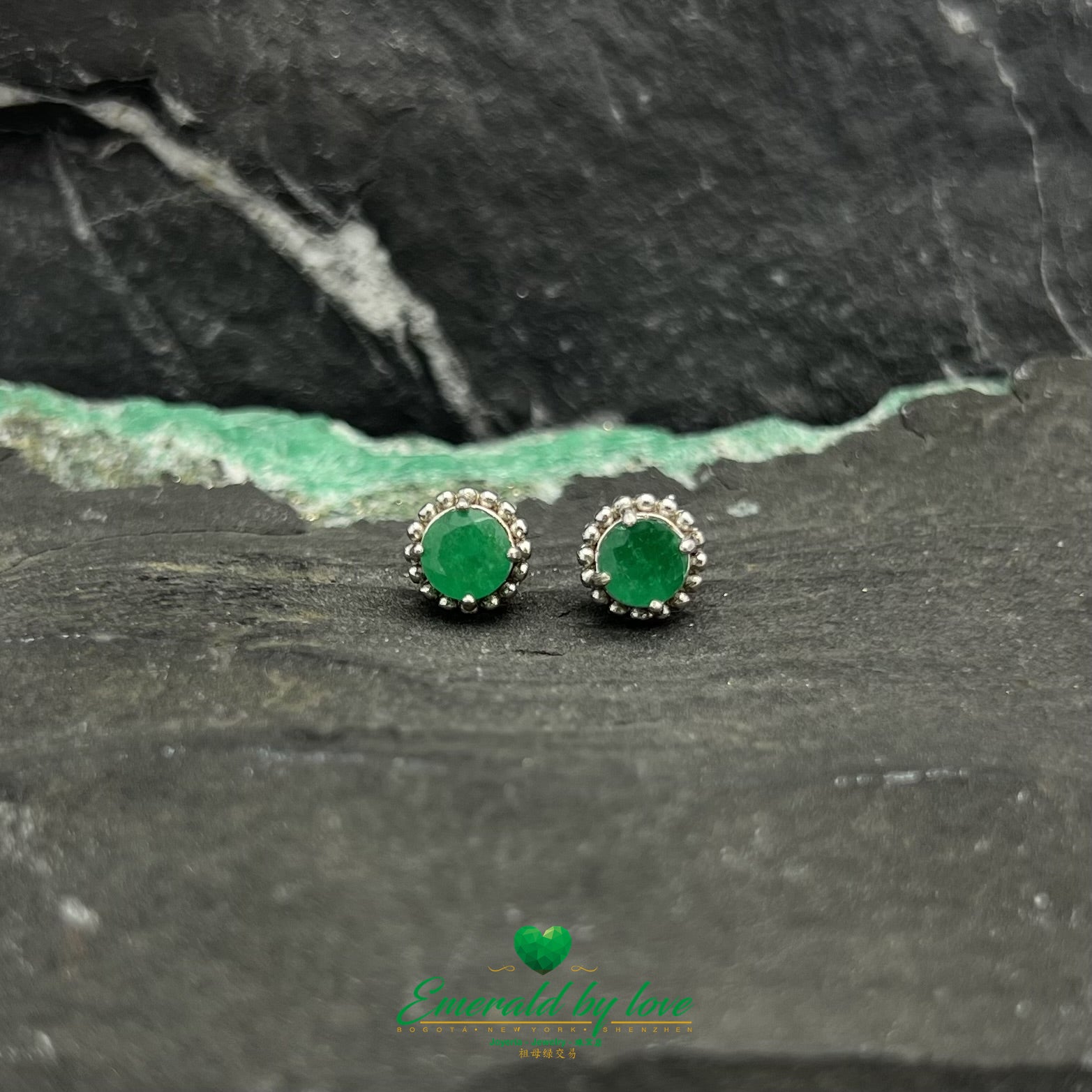 Delicate Sterling Silver Earrings with Round Emerald on a Floral Silver Bed