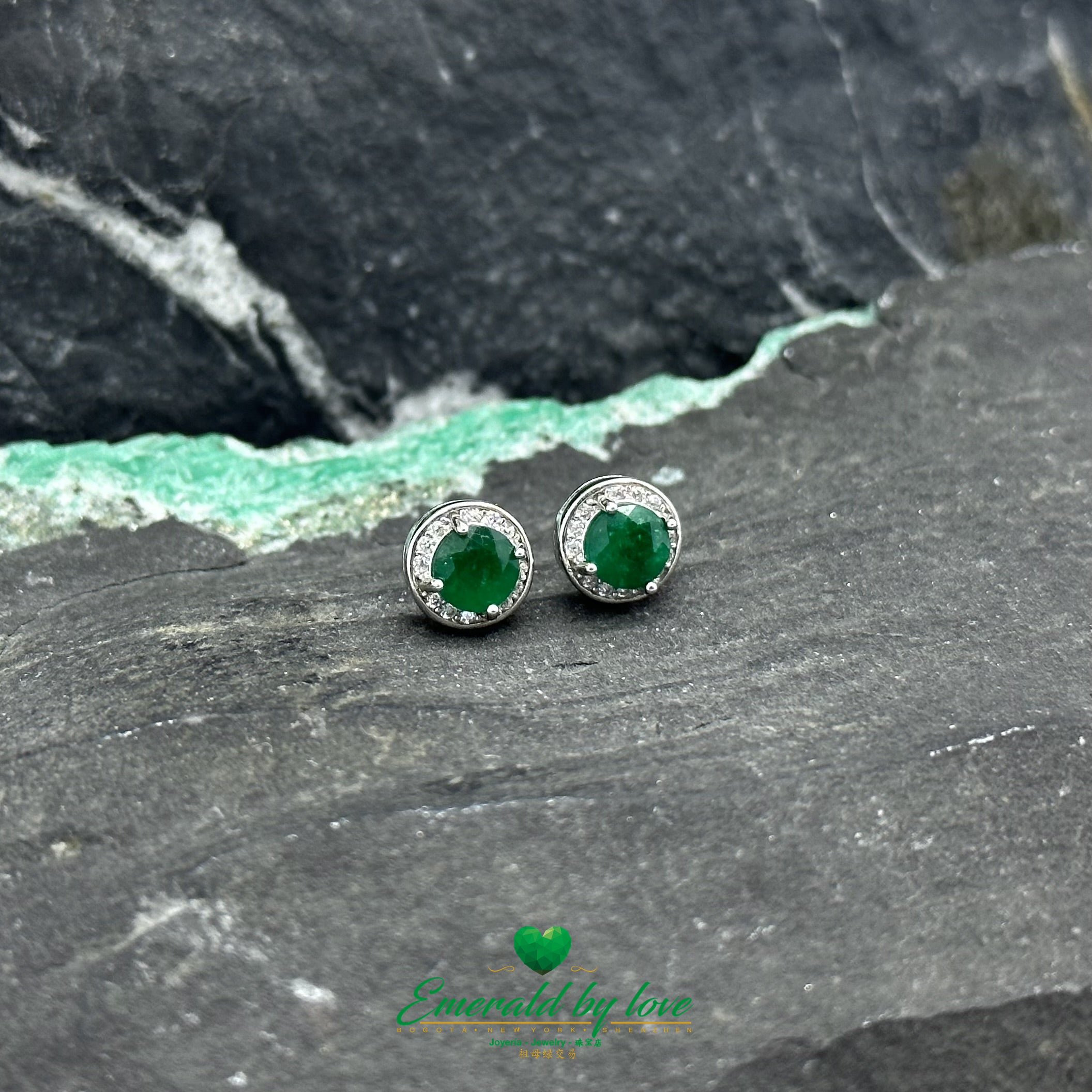 Round Marquise Earrings with Large Central Emerald of Exceptional Color