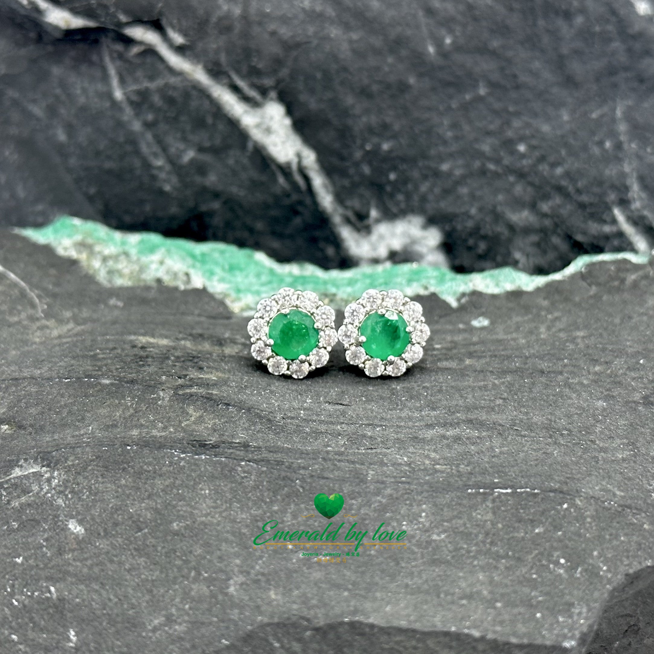 Floral Marquis Silver Earrings with Zirconia and Emerald Center