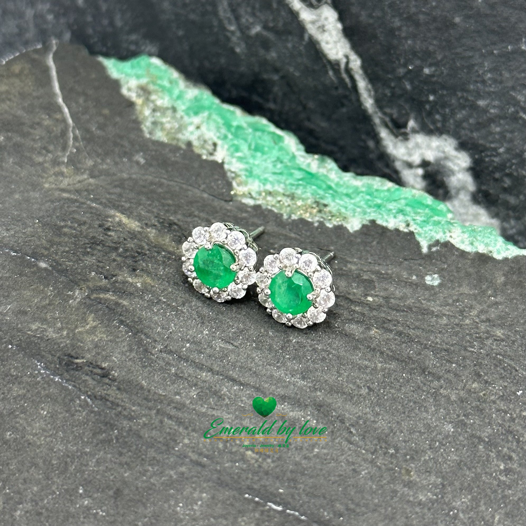 Floral Marquis Silver Earrings with Zirconia and Emerald Center