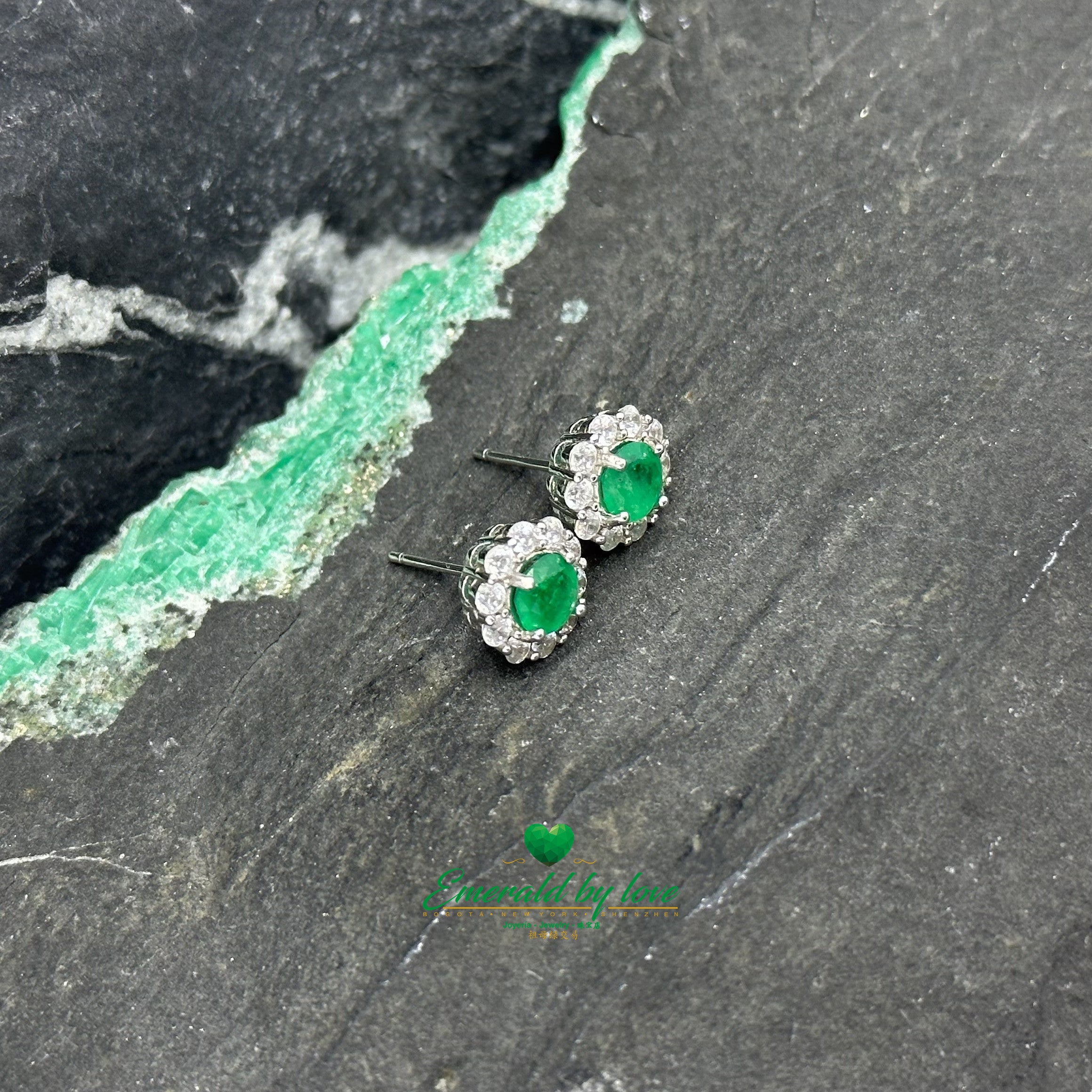 Floral Marquis Silver Earrings with Zirconia and Emerald Center