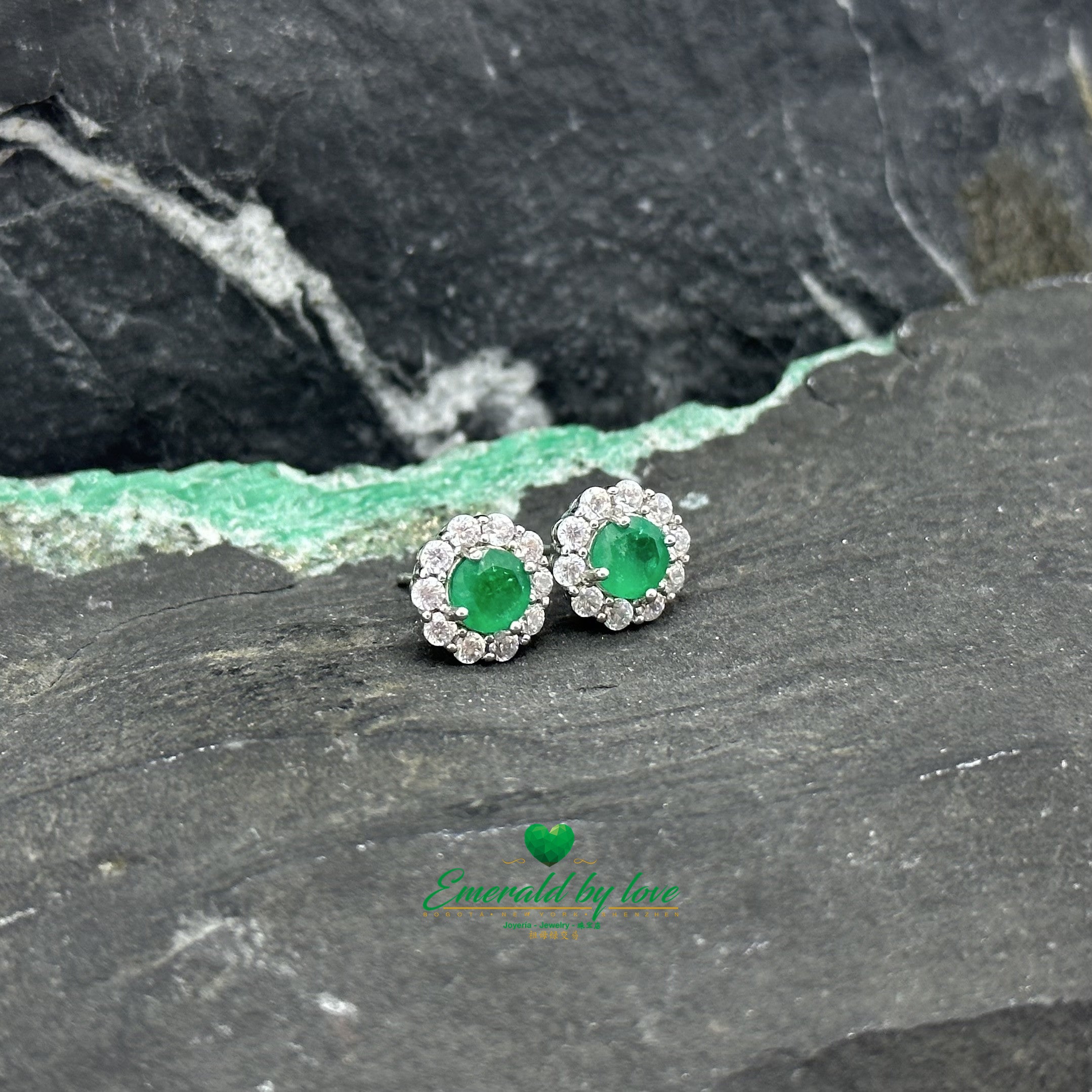 Floral Marquis Silver Earrings with Zirconia and Emerald Center