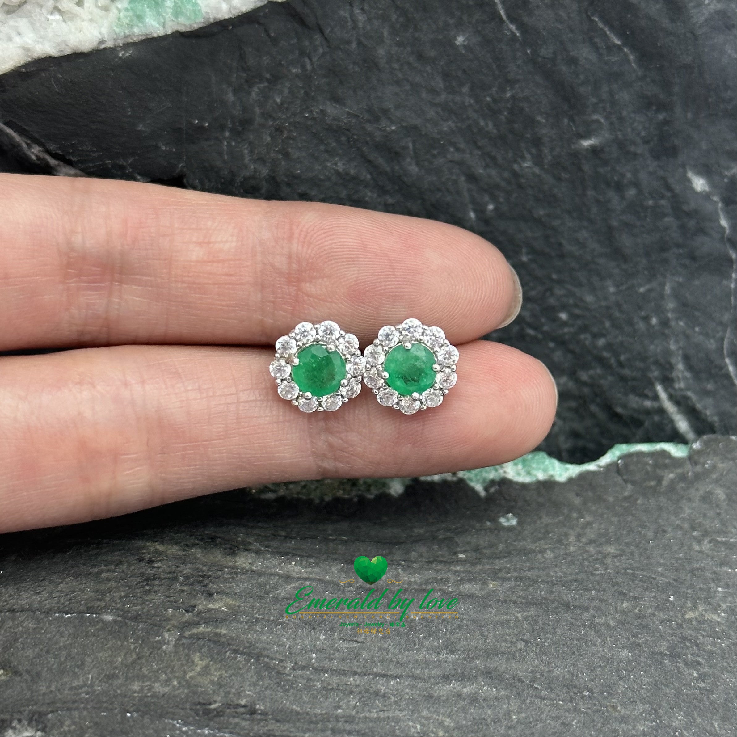 Floral Marquis Silver Earrings with Zirconia and Emerald Center