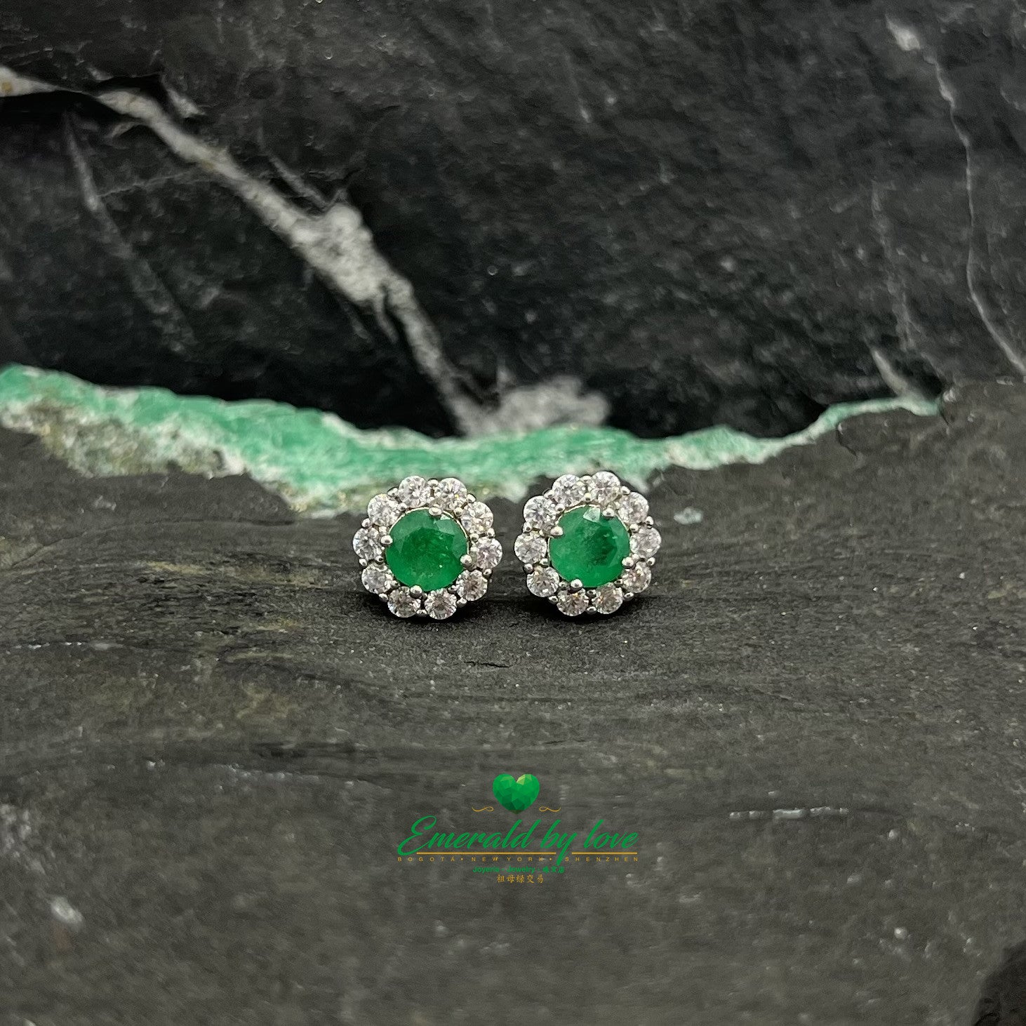 Floral Marquis Silver Earrings with Zirconia and Emerald Center