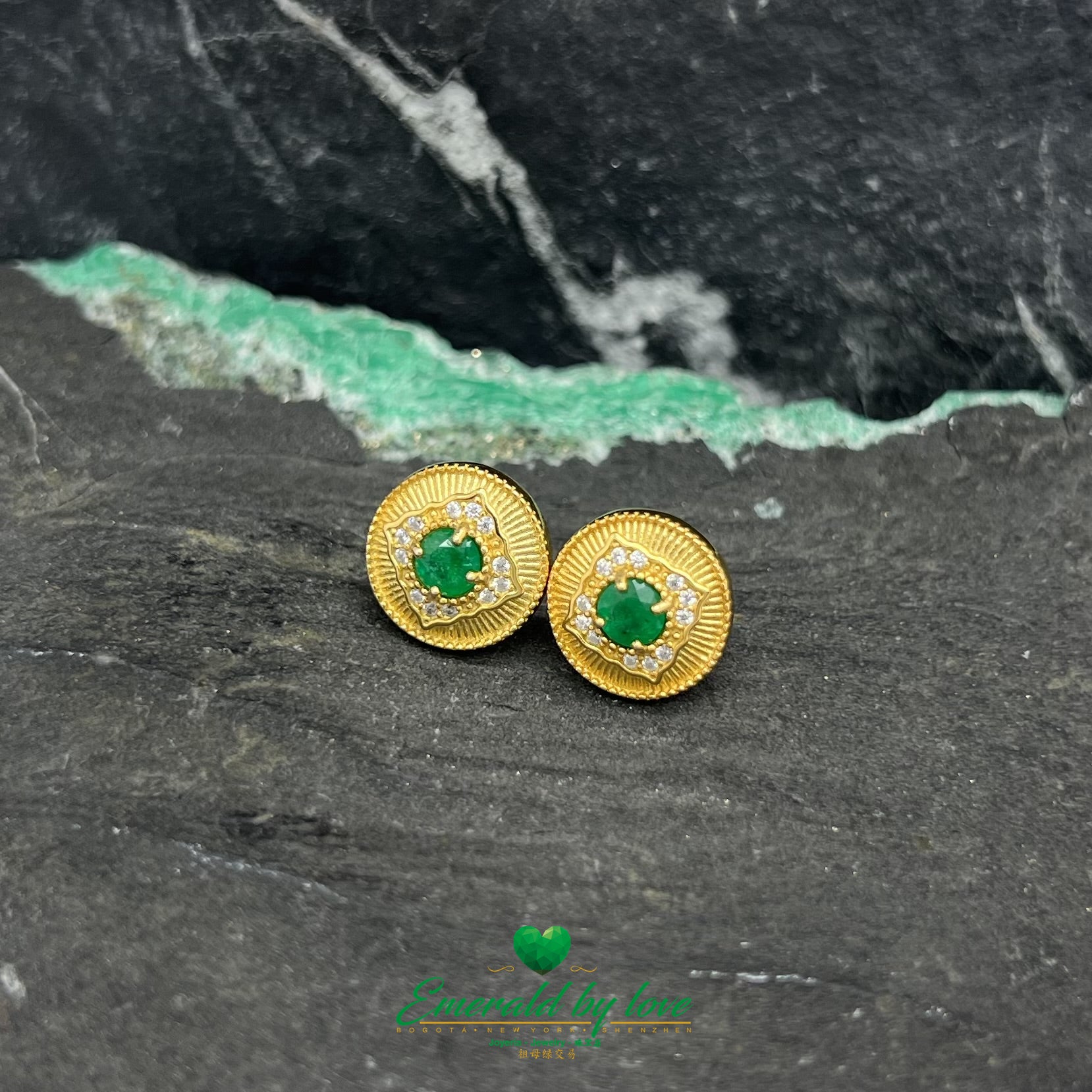 Round Sterling Silver Earrings with Gold Plating and Central Round Emerald
