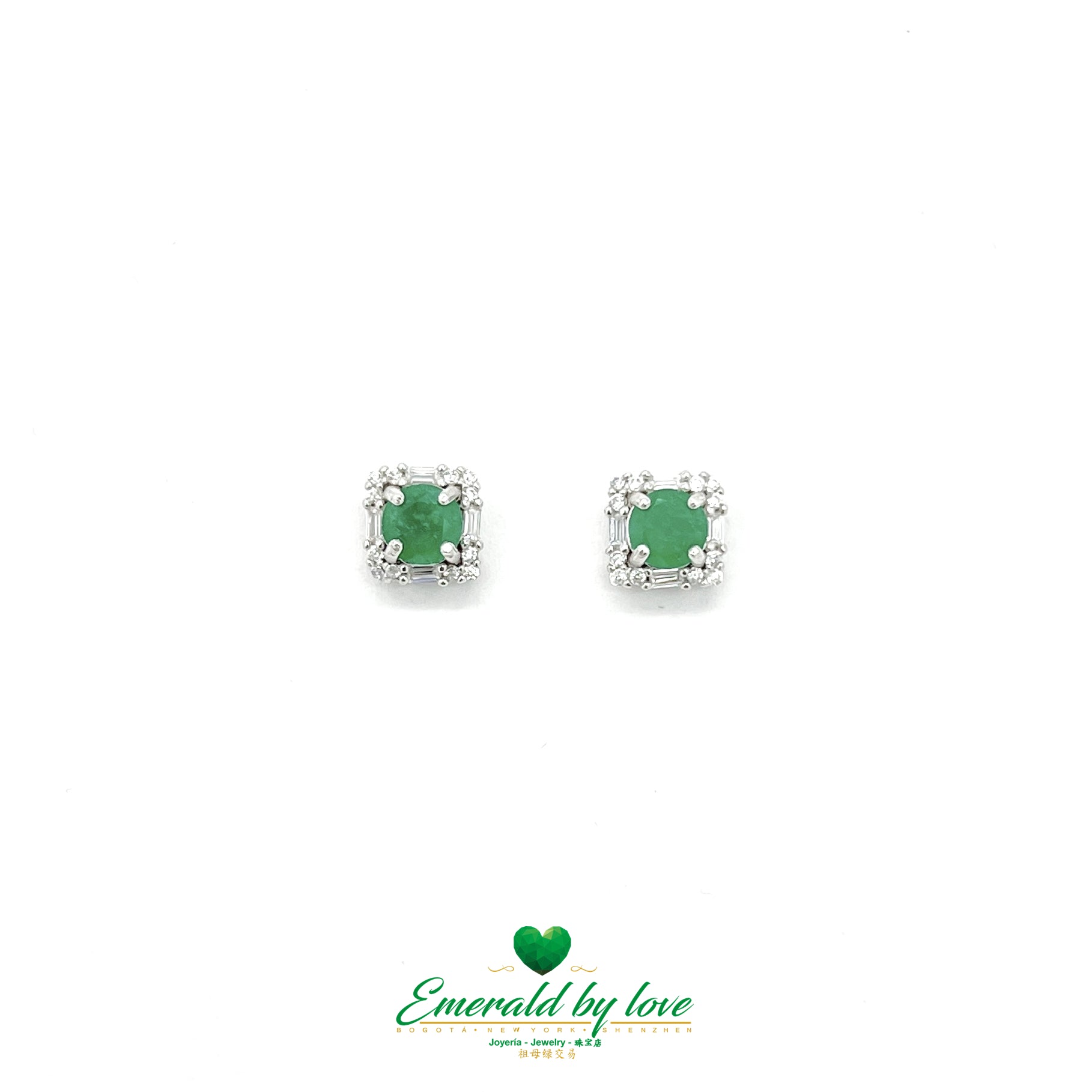 Square Sterling Silver Stud Earrings with Round Emerald Held by Four Prongs