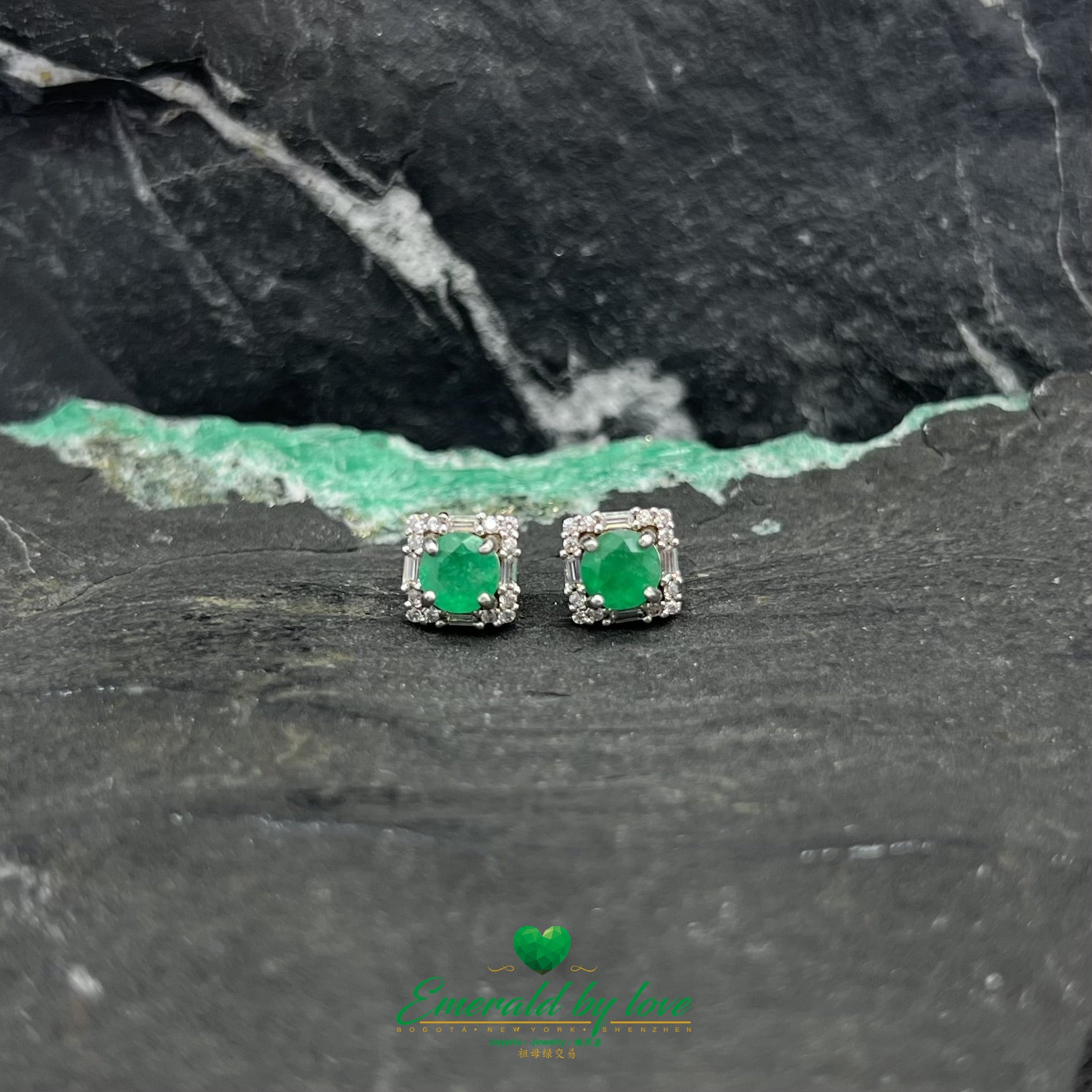 Square Sterling Silver Stud Earrings with Round Emerald Held by Four Prongs