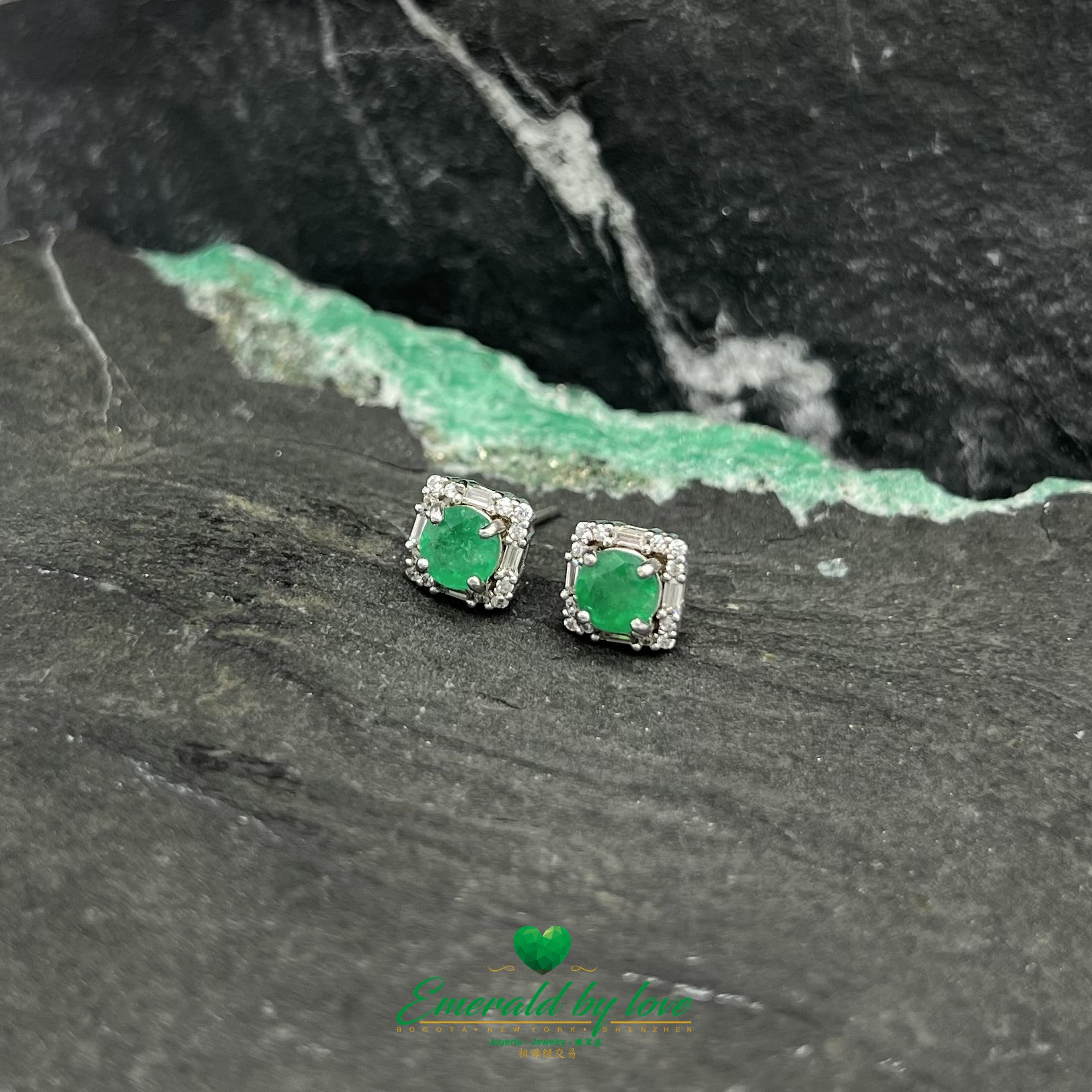 Square Sterling Silver Stud Earrings with Round Emerald Held by Four Prongs