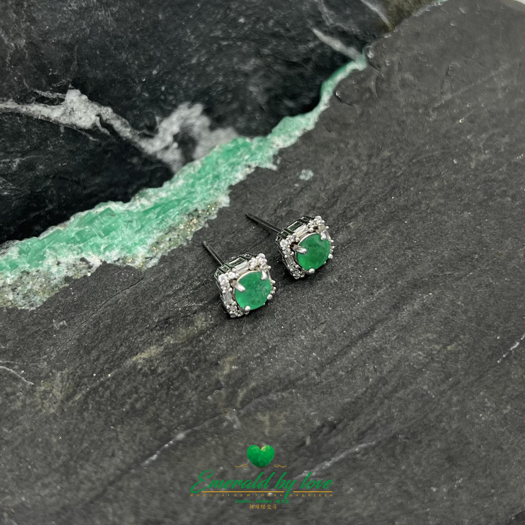 Square Sterling Silver Stud Earrings with Round Emerald Held by Four Prongs