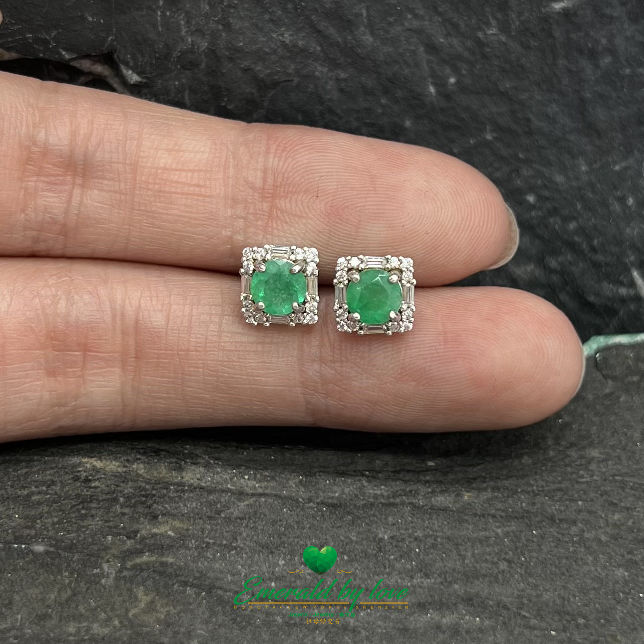 Square Sterling Silver Stud Earrings with Round Emerald Held by Four Prongs