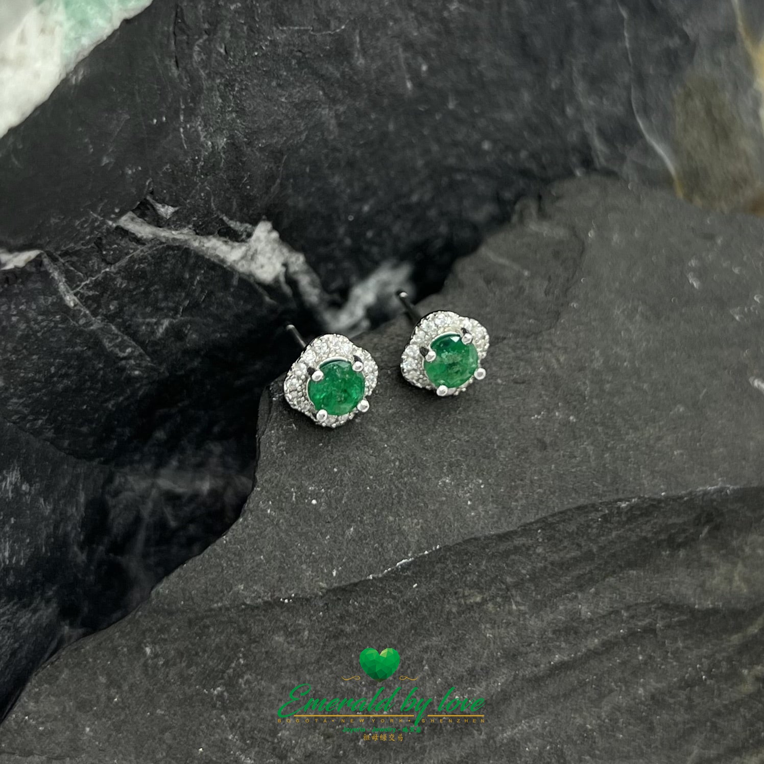 Round Border Sterling Silver Earrings with Central Round Emerald Surrounded by Zirconia