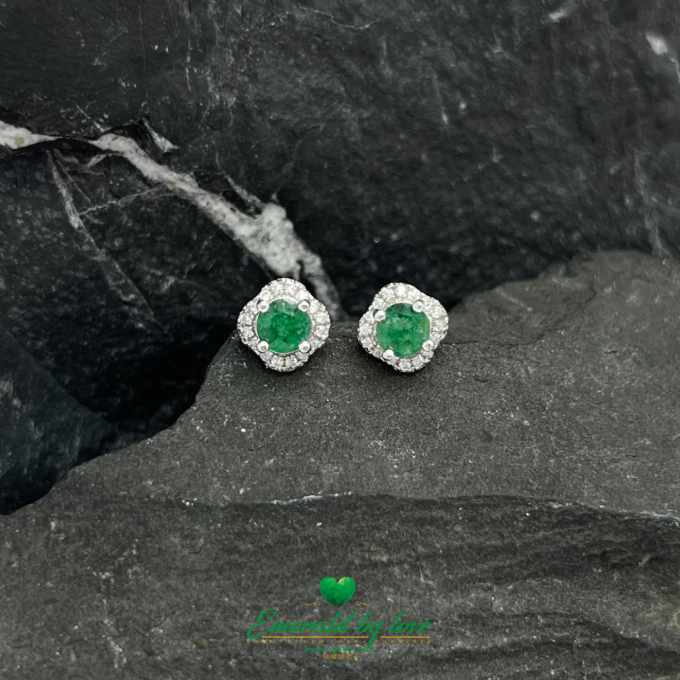Round Border Sterling Silver Earrings with Central Round Emerald Surrounded by Zirconia