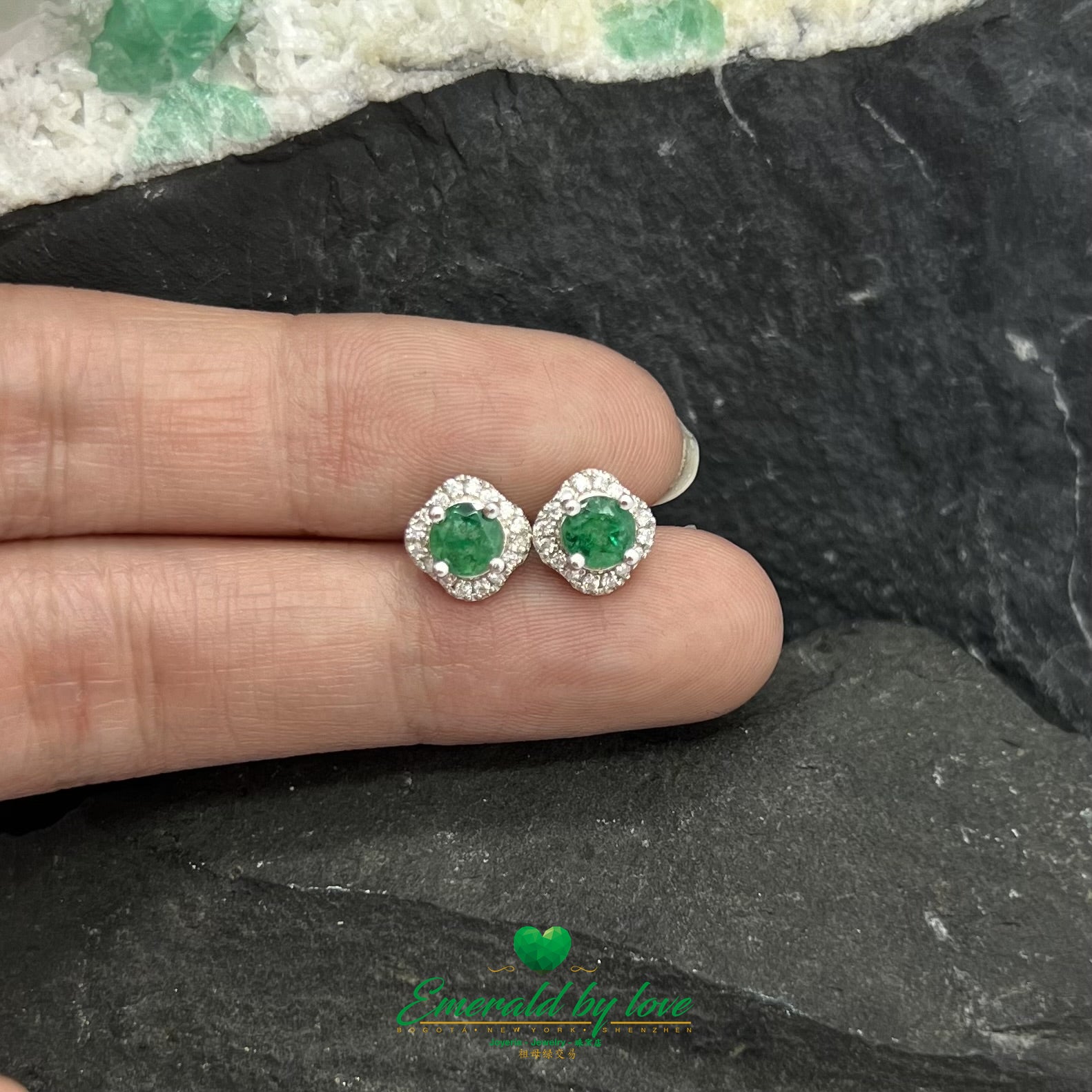 Round Border Sterling Silver Earrings with Central Round Emerald Surrounded by Zirconia