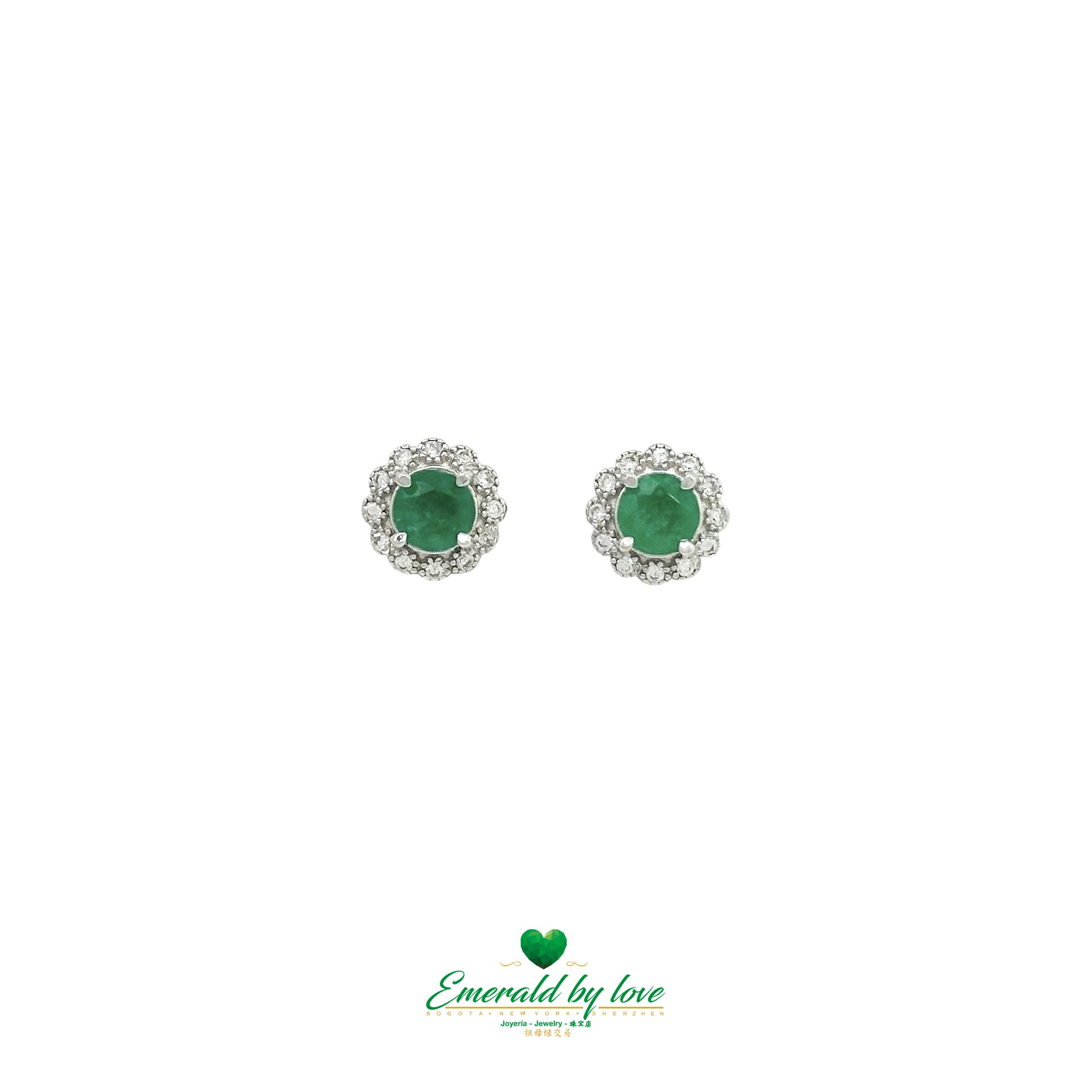 Sterling Silver Flower Earrings with Round Colombian Emerald Centers