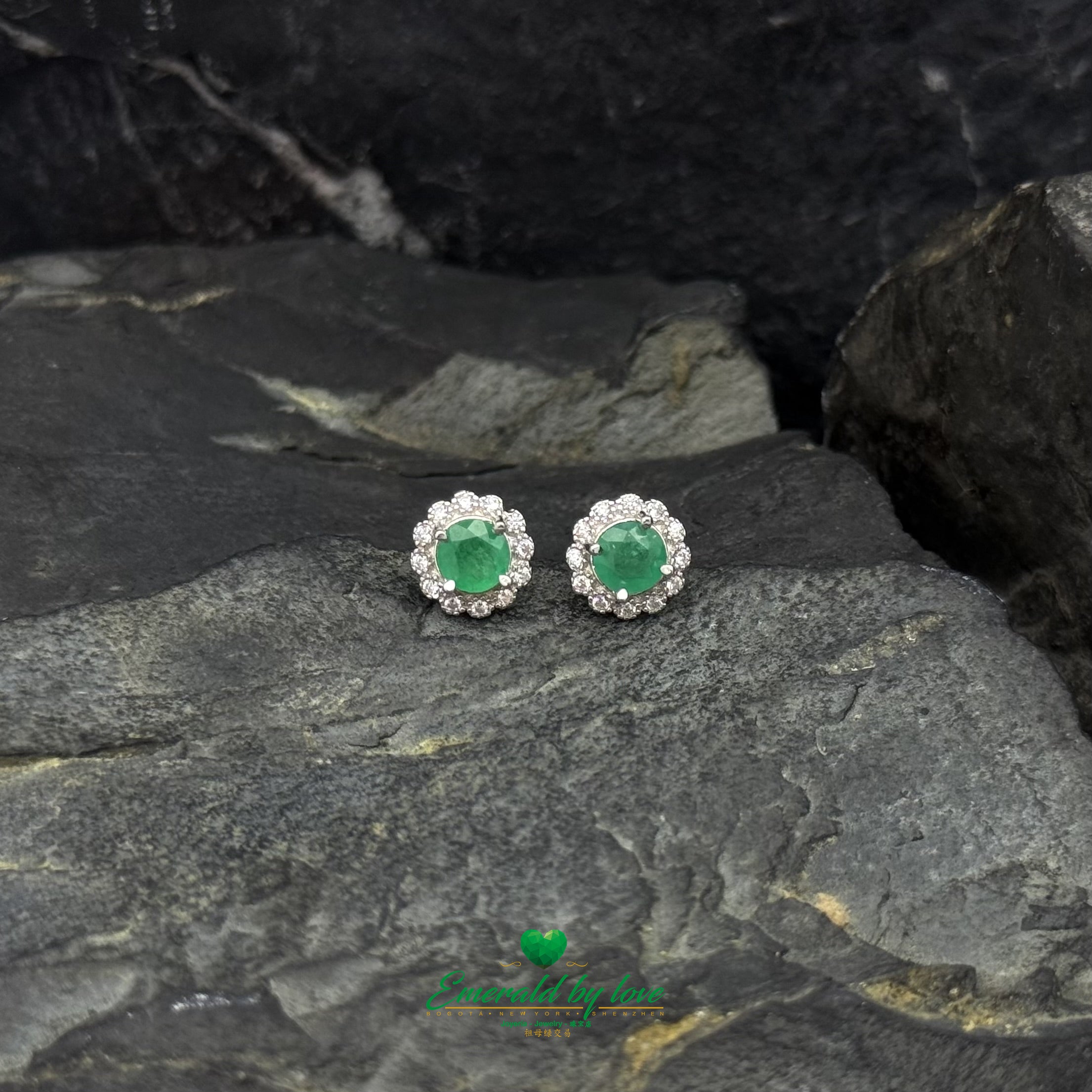 Sterling Silver Flower Earrings with Round Colombian Emerald Centers