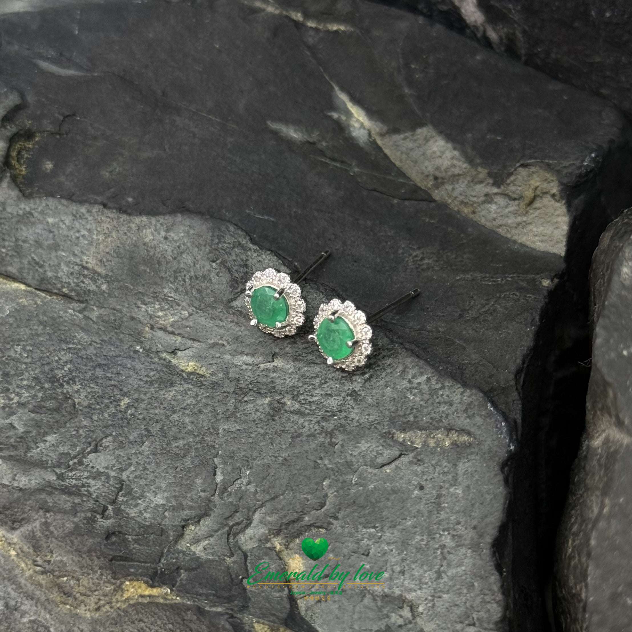 Sterling Silver Flower Earrings with Round Colombian Emerald Centers